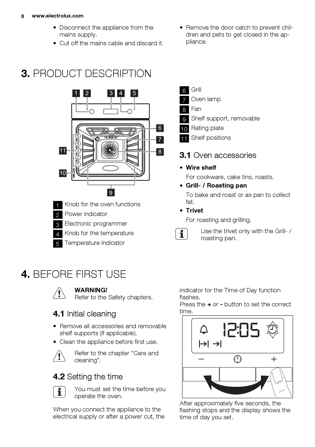 Electrolux EOB3400 user manual Product Description, Before First USE, Initial cleaning, Setting the time, Oven accessories 