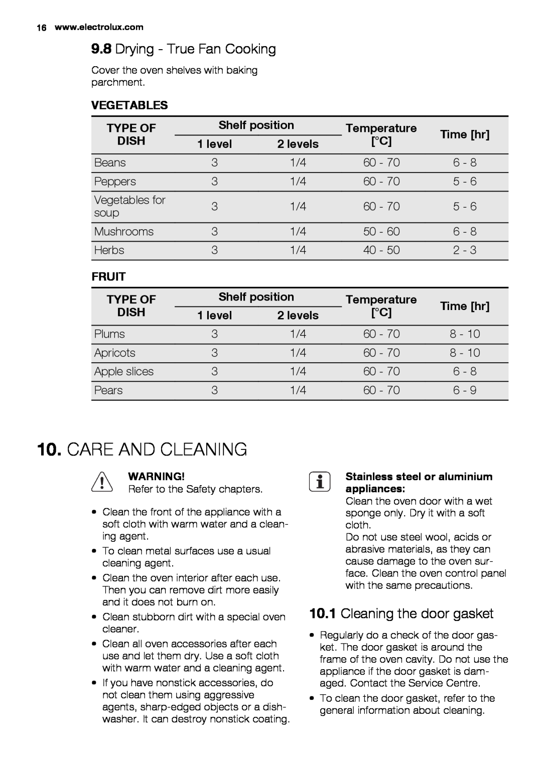 Electrolux EOB3400 user manual Care And Cleaning, Drying - True Fan Cooking, Cleaning the door gasket 