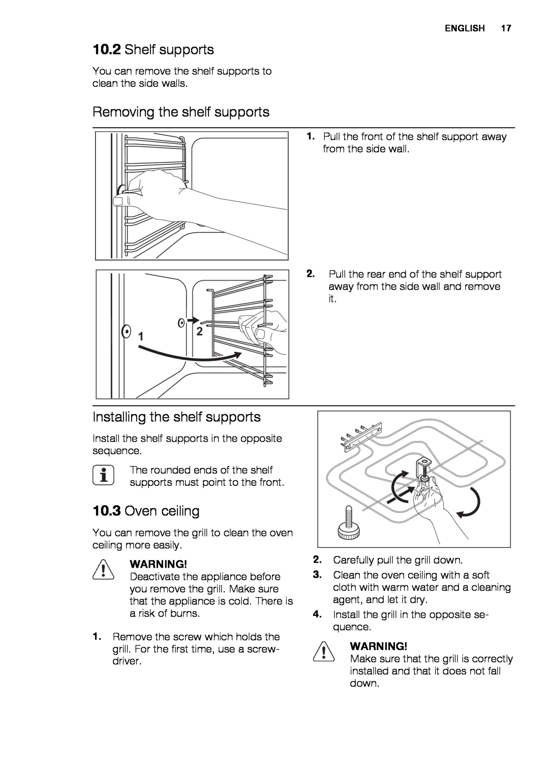 Electrolux EOB3400 user manual Shelf supports, Removing the shelf supports, Installing the shelf supports, Oven ceiling 
