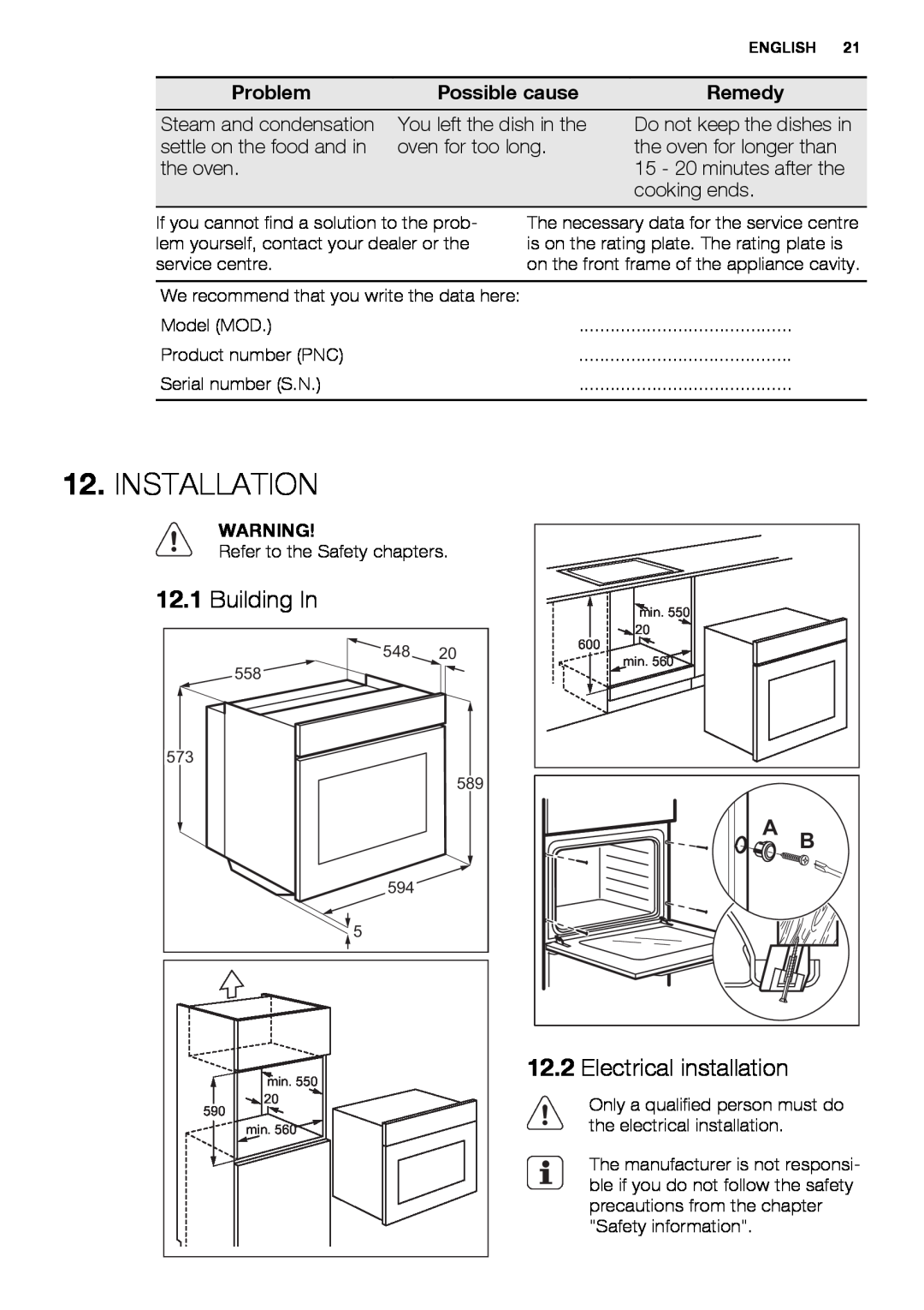 Electrolux EOB3400 user manual Installation, Building In, Electrical installation 