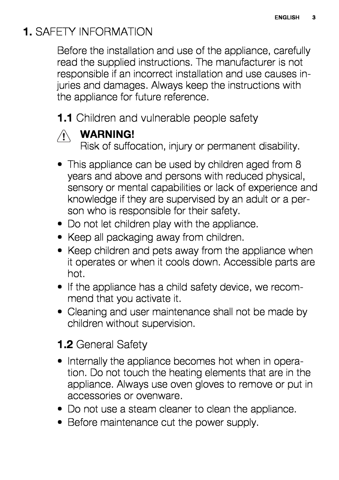 Electrolux EOB3400 user manual Safety Information, Children and vulnerable people safety, General Safety 