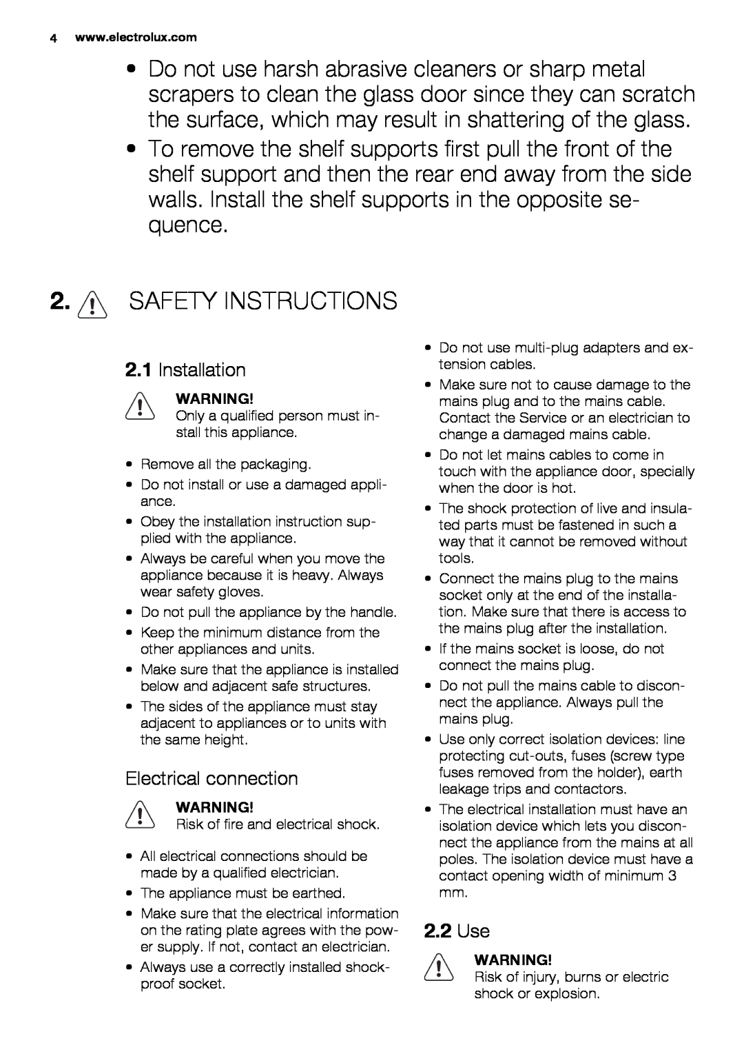 Electrolux EOB3400 user manual Safety Instructions, Installation, Electrical connection, 2.2 Use 