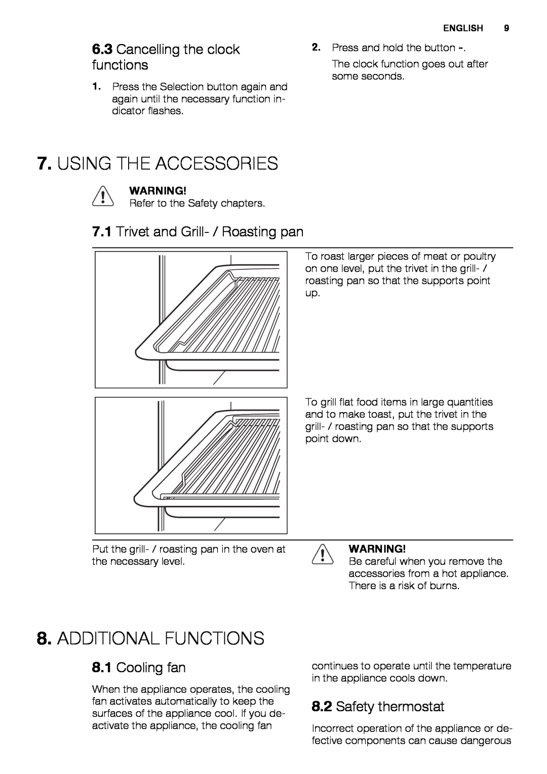 Electrolux EOB3400 user manual Using The Accessories, Additional Functions, Cancelling the clock, functions, Cooling fan 