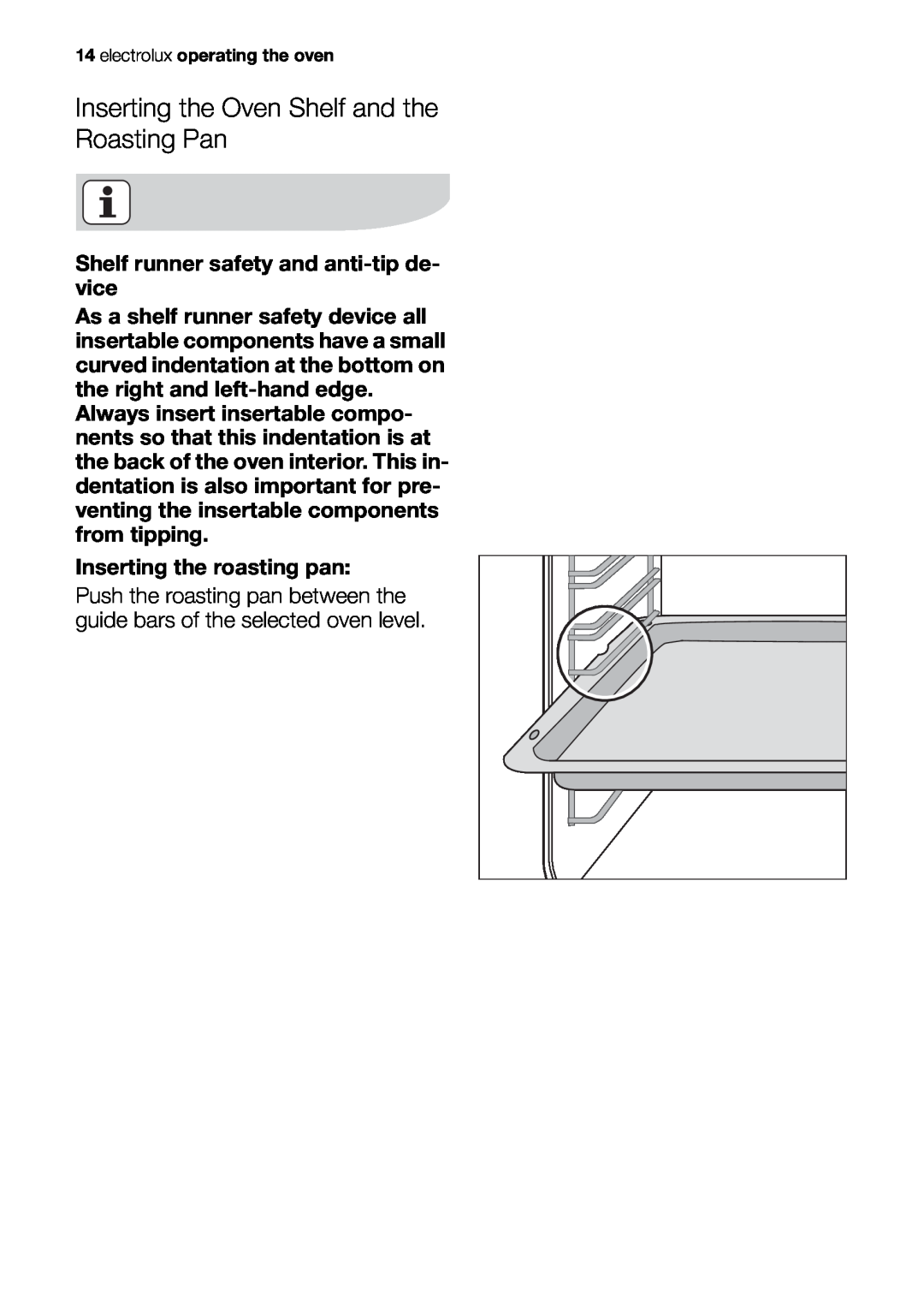 Electrolux EOB51000 user manual Inserting the Oven Shelf and the Roasting Pan 