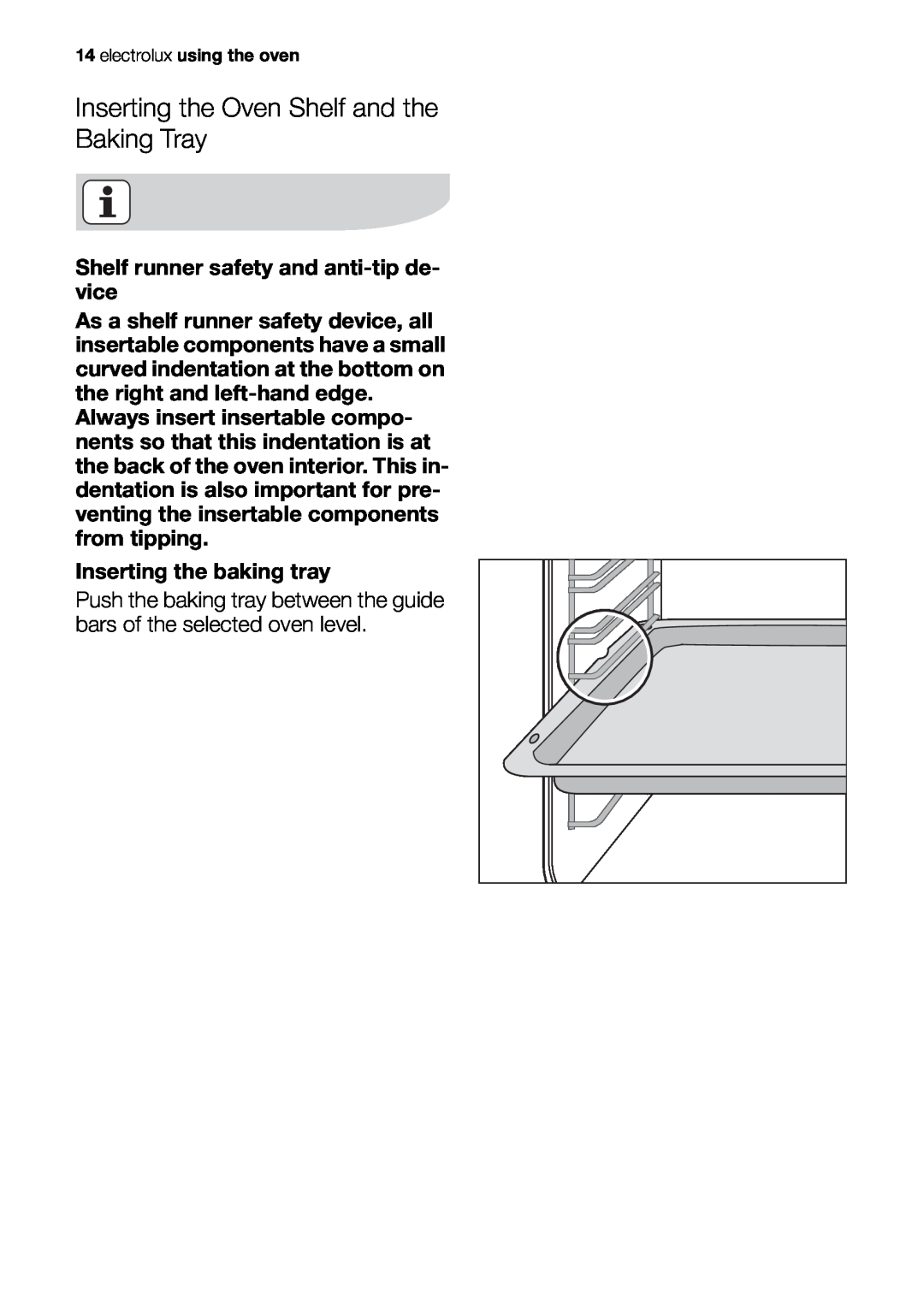 Electrolux EOB51000 user manual Inserting the Oven Shelf and the Baking Tray 