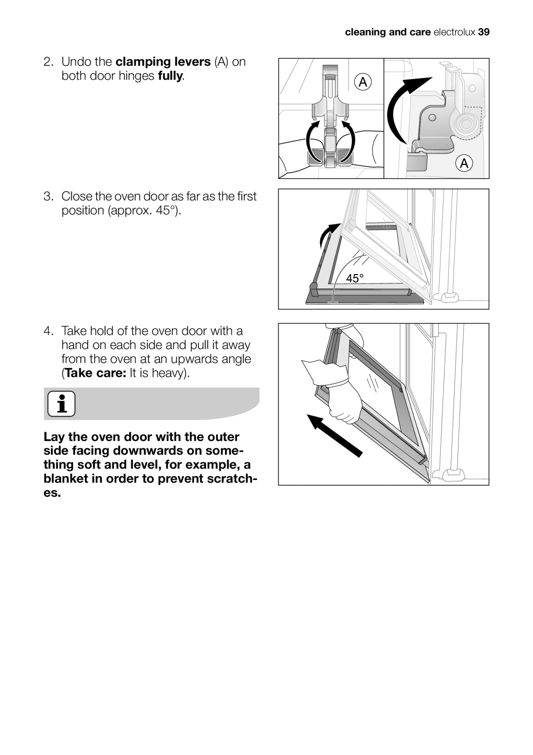 Electrolux EOB51000 user manual Undo the clamping levers A on both door hinges fully 