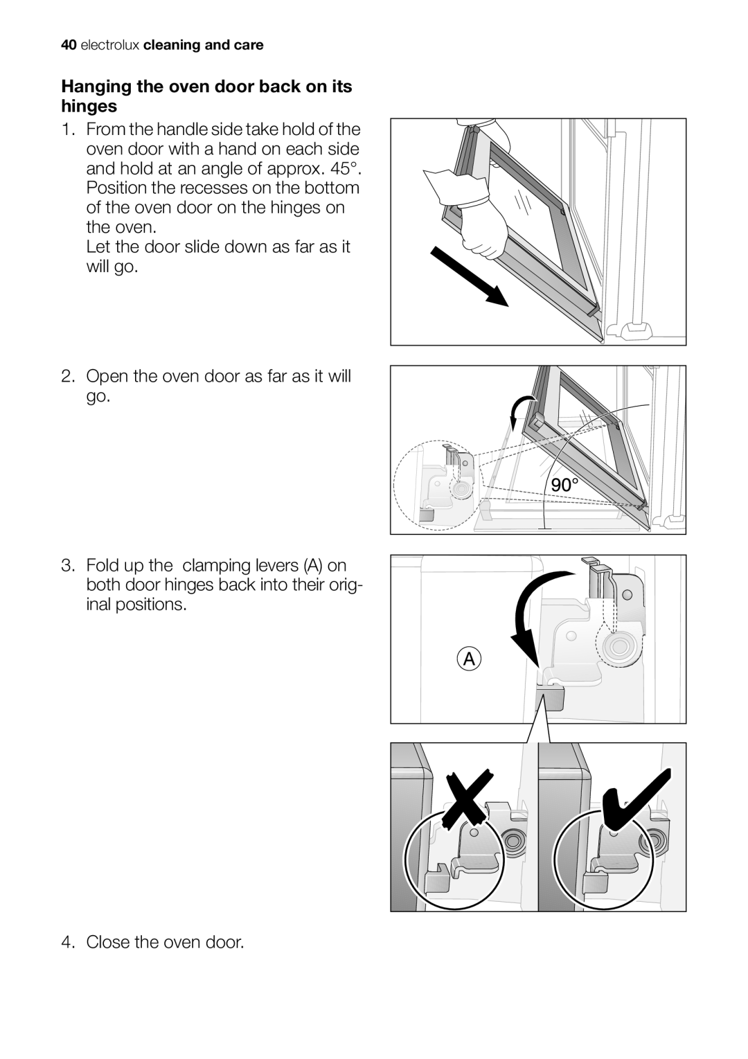 Electrolux EOB51000 user manual Hanging the oven door back on its hinges 