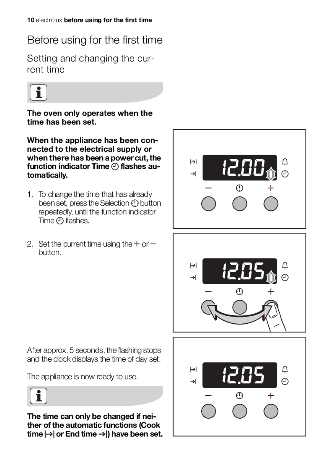 Electrolux EOB53000 user manual Before using for the first time, Setting and changing the cur- rent time 