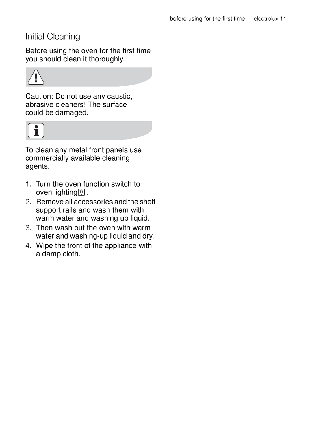 Electrolux EOB53000 user manual Initial Cleaning 