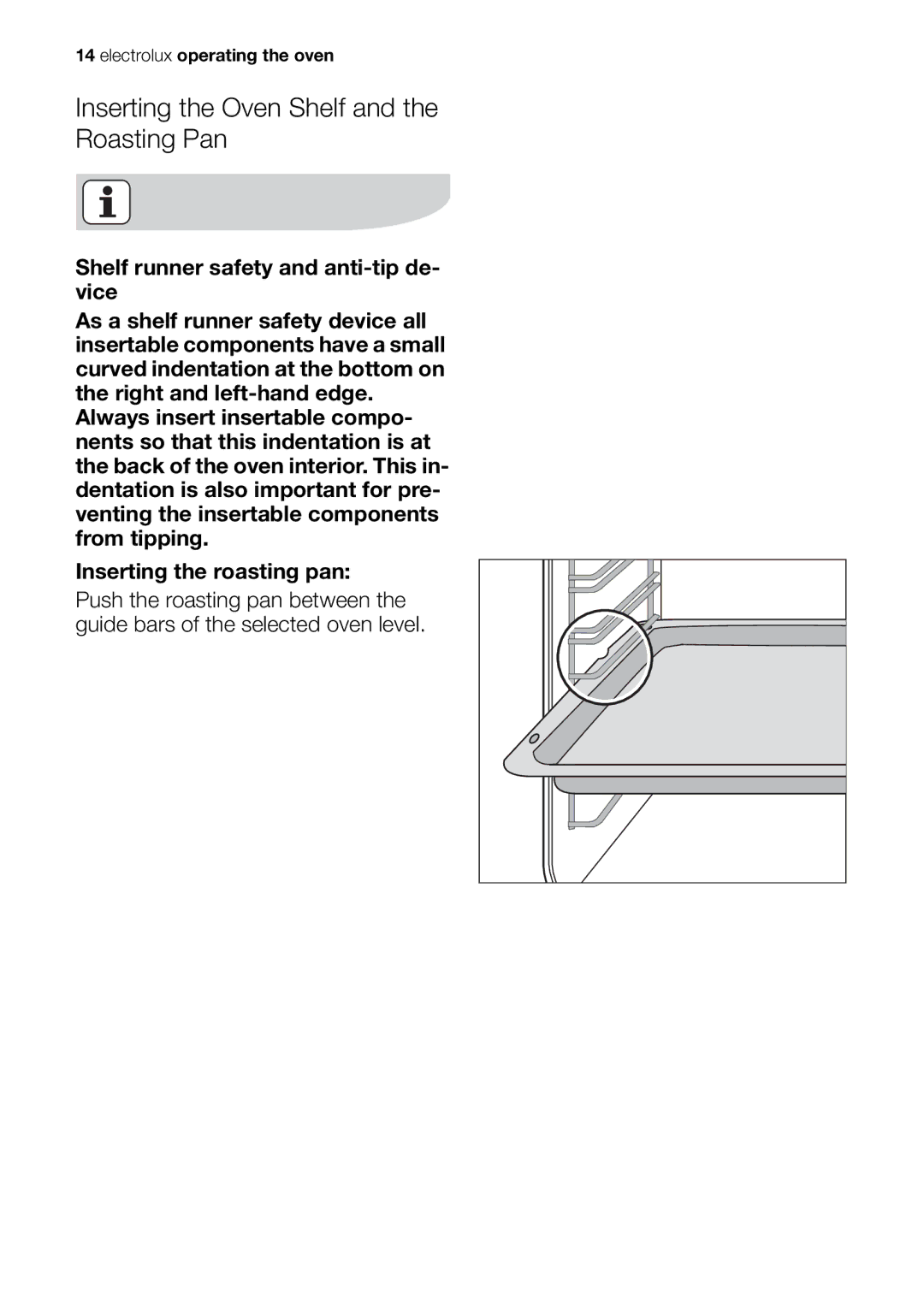 Electrolux EOB53000 user manual Inserting the Oven Shelf and the Roasting Pan 