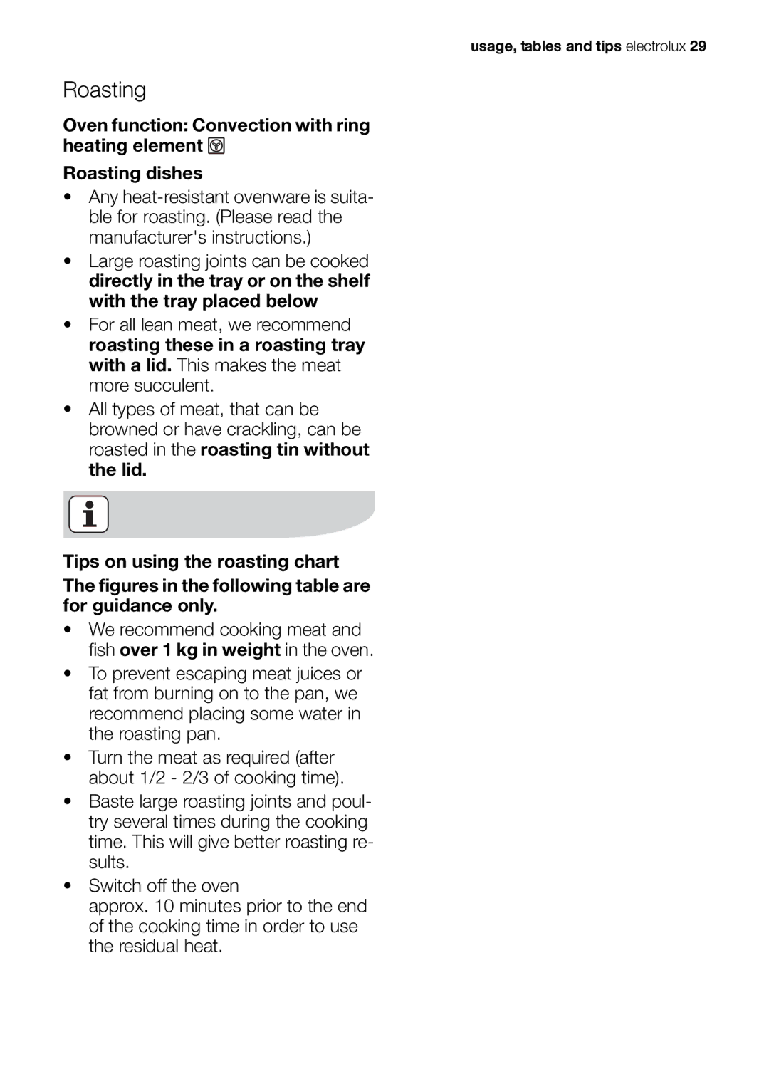 Electrolux EOB53000 user manual Roasting 