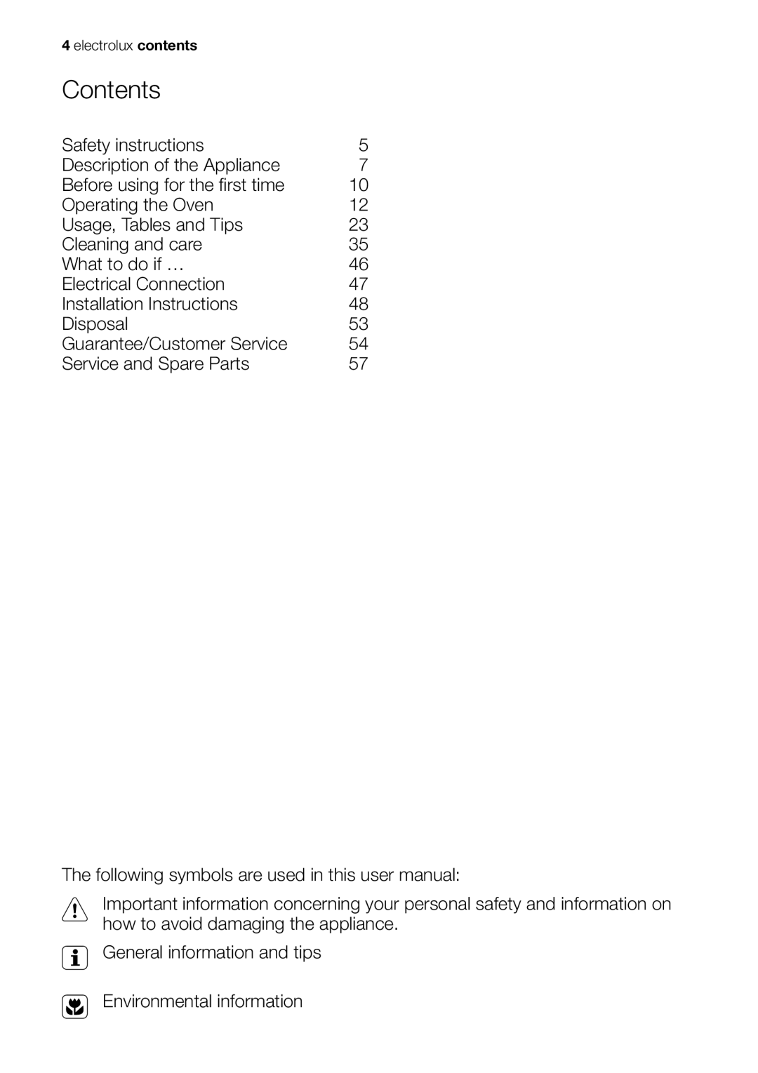 Electrolux EOB53000 user manual Contents 