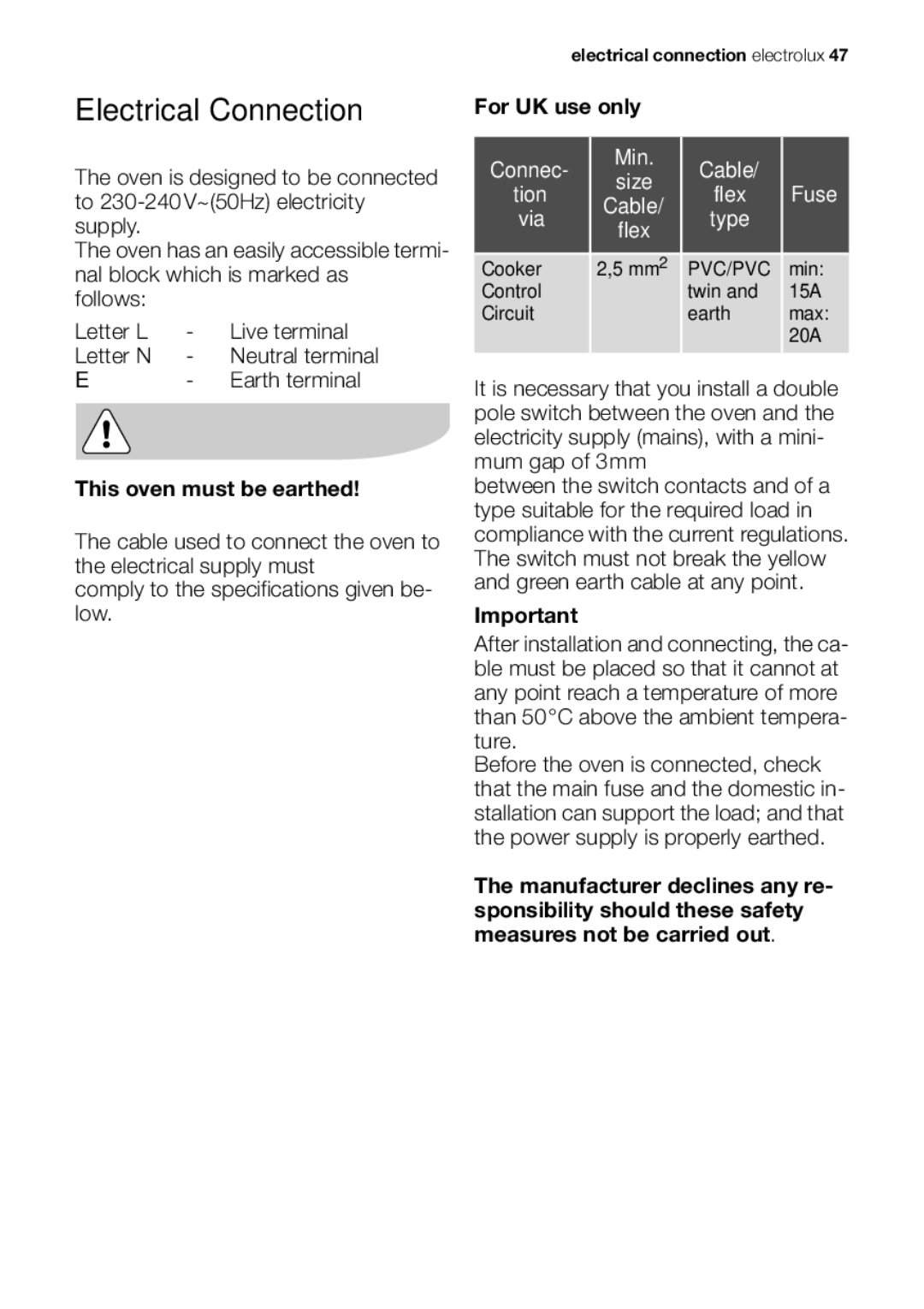 Electrolux EOB53000 user manual Electrical Connection, Connec Min Cable Size Tion Flex Fuse Via Type 