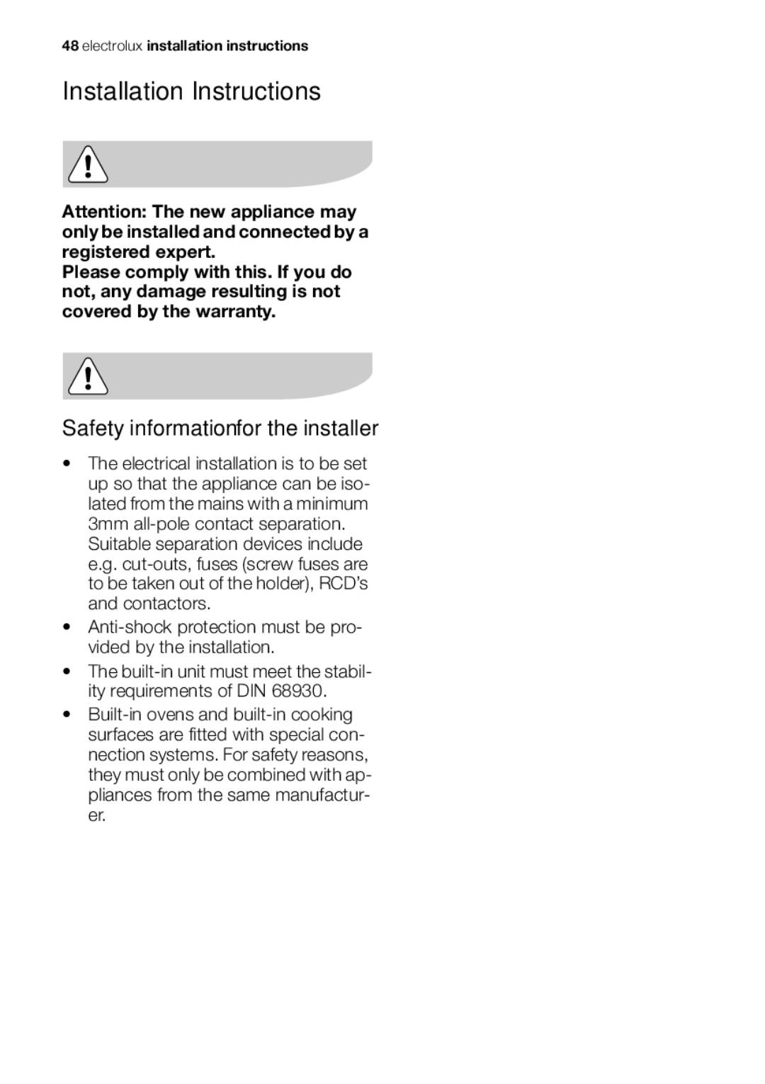 Electrolux EOB53000 user manual Installation Instructions, Safety information for the installer 