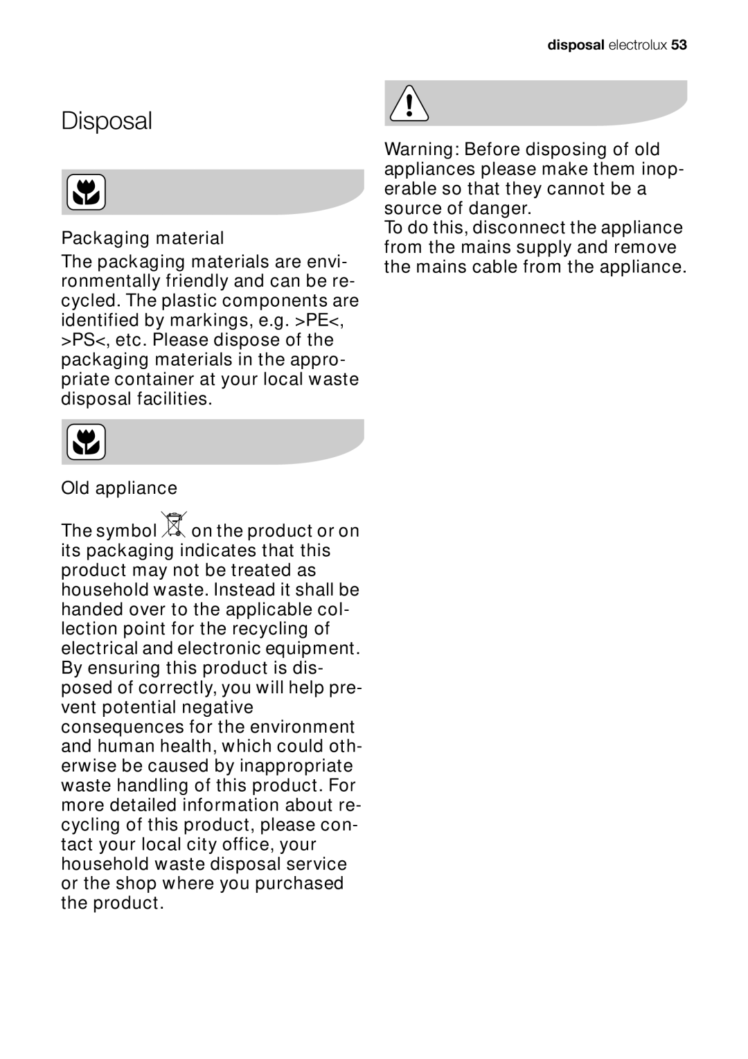 Electrolux EOB53000 user manual Disposal 