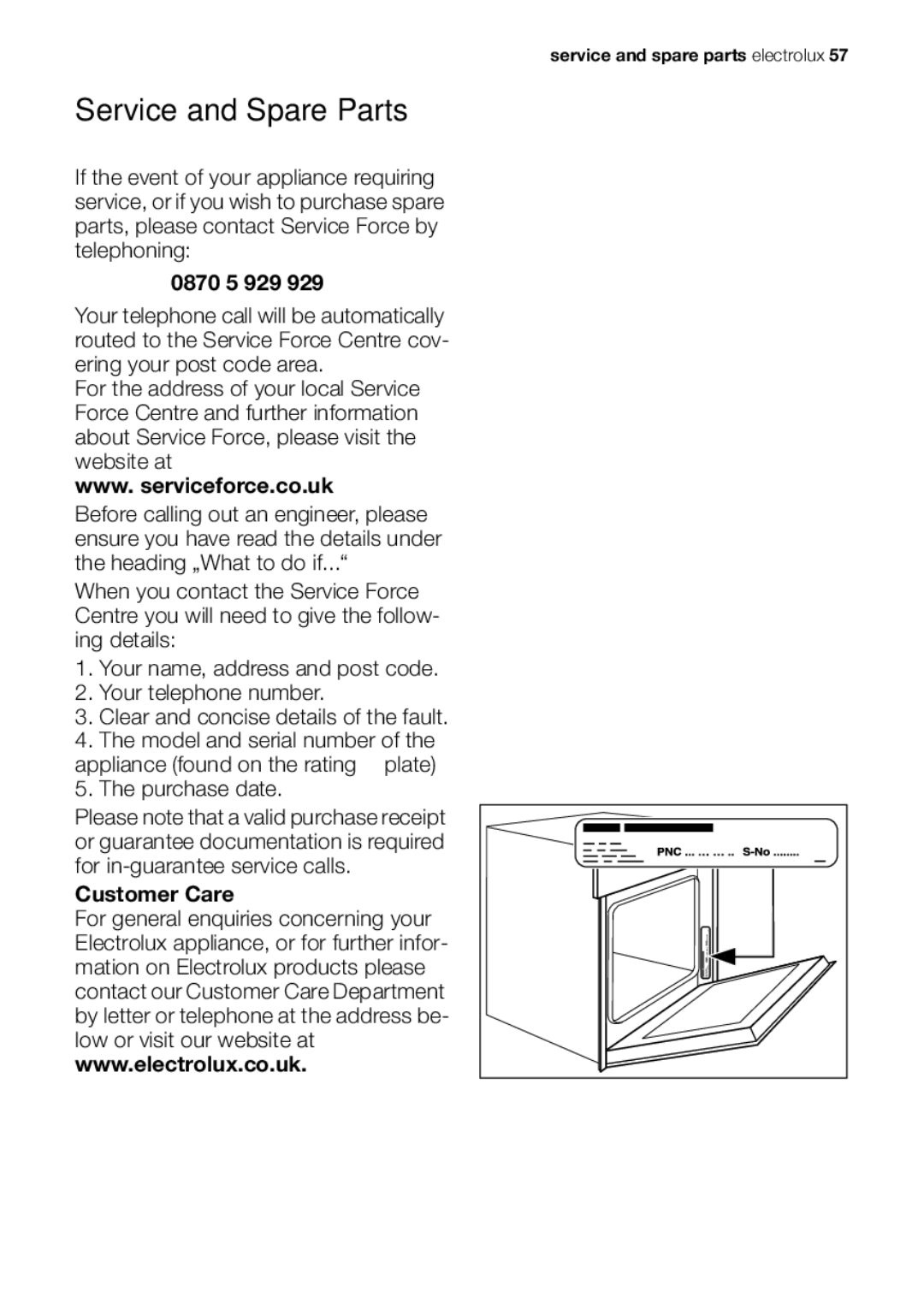 Electrolux EOB53000 user manual Service and Spare Parts 