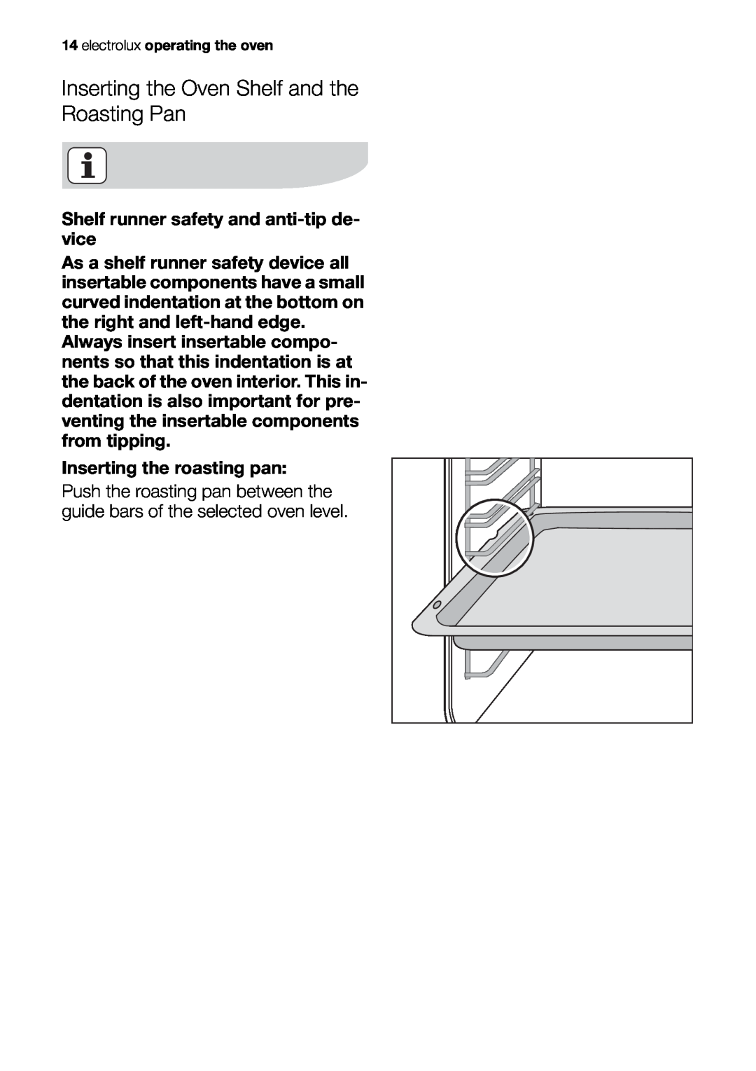 Electrolux EOB53000 user manual Inserting the Oven Shelf and the Roasting Pan 