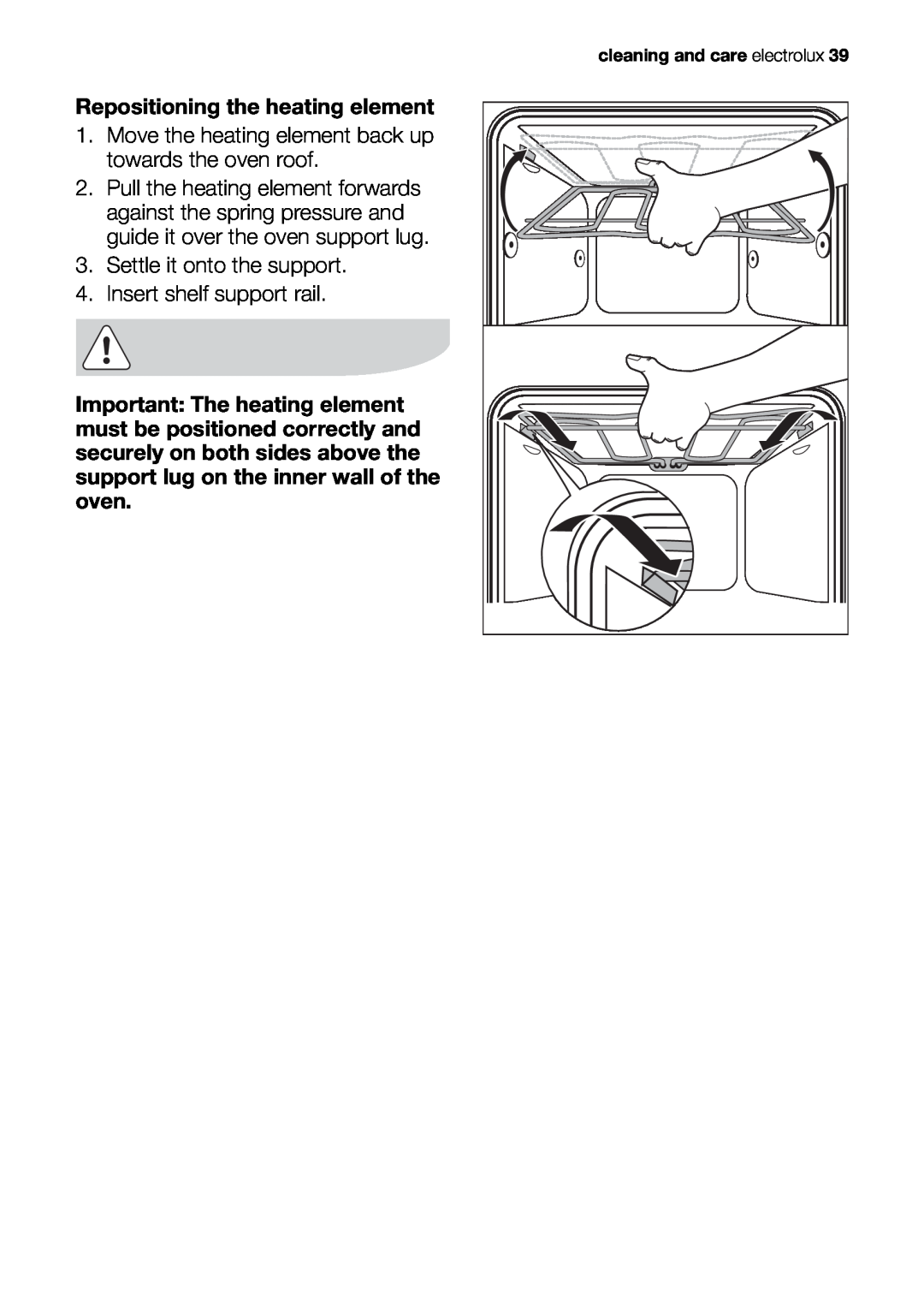 Electrolux EOB53000 user manual Repositioning the heating element 1. Move the heating element back up 