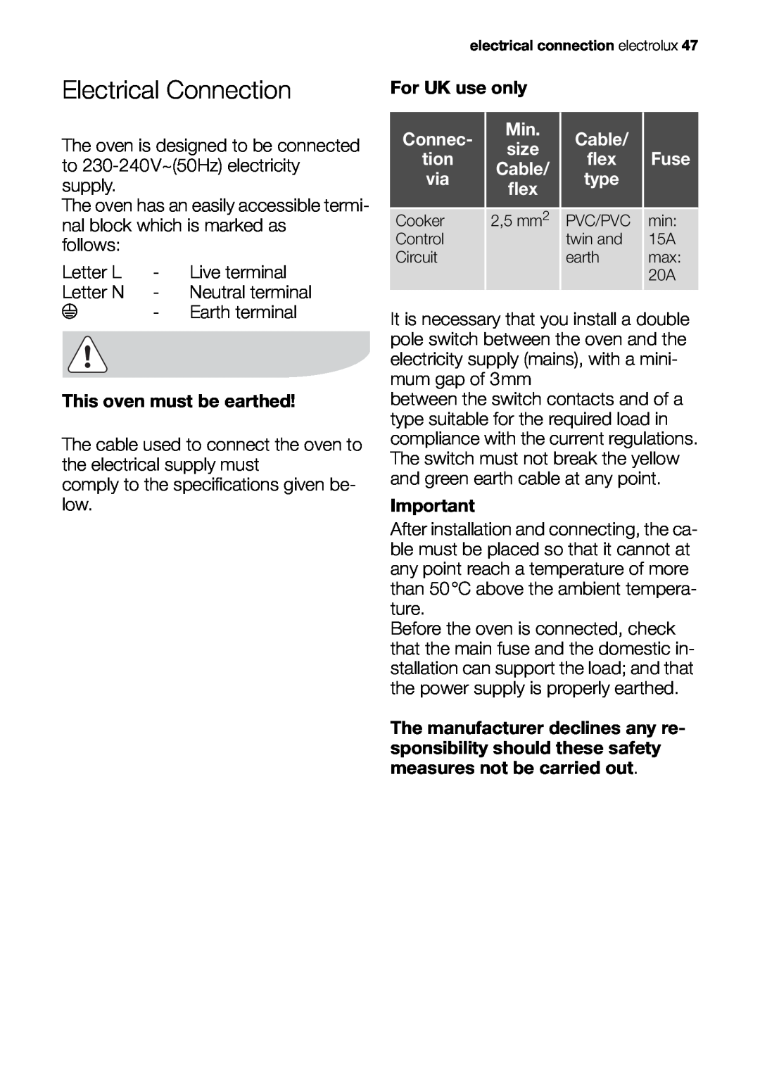 Electrolux EOB53000 user manual Electrical Connection 