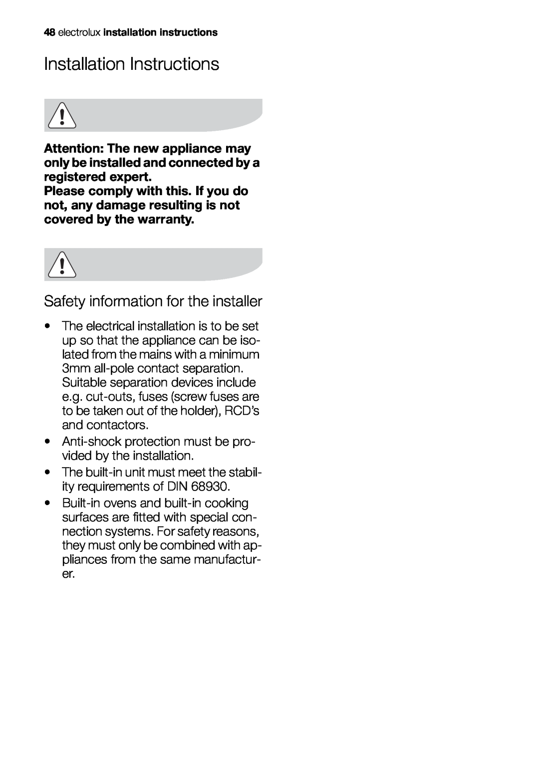 Electrolux EOB53000 user manual Installation Instructions, Safety information for the installer 