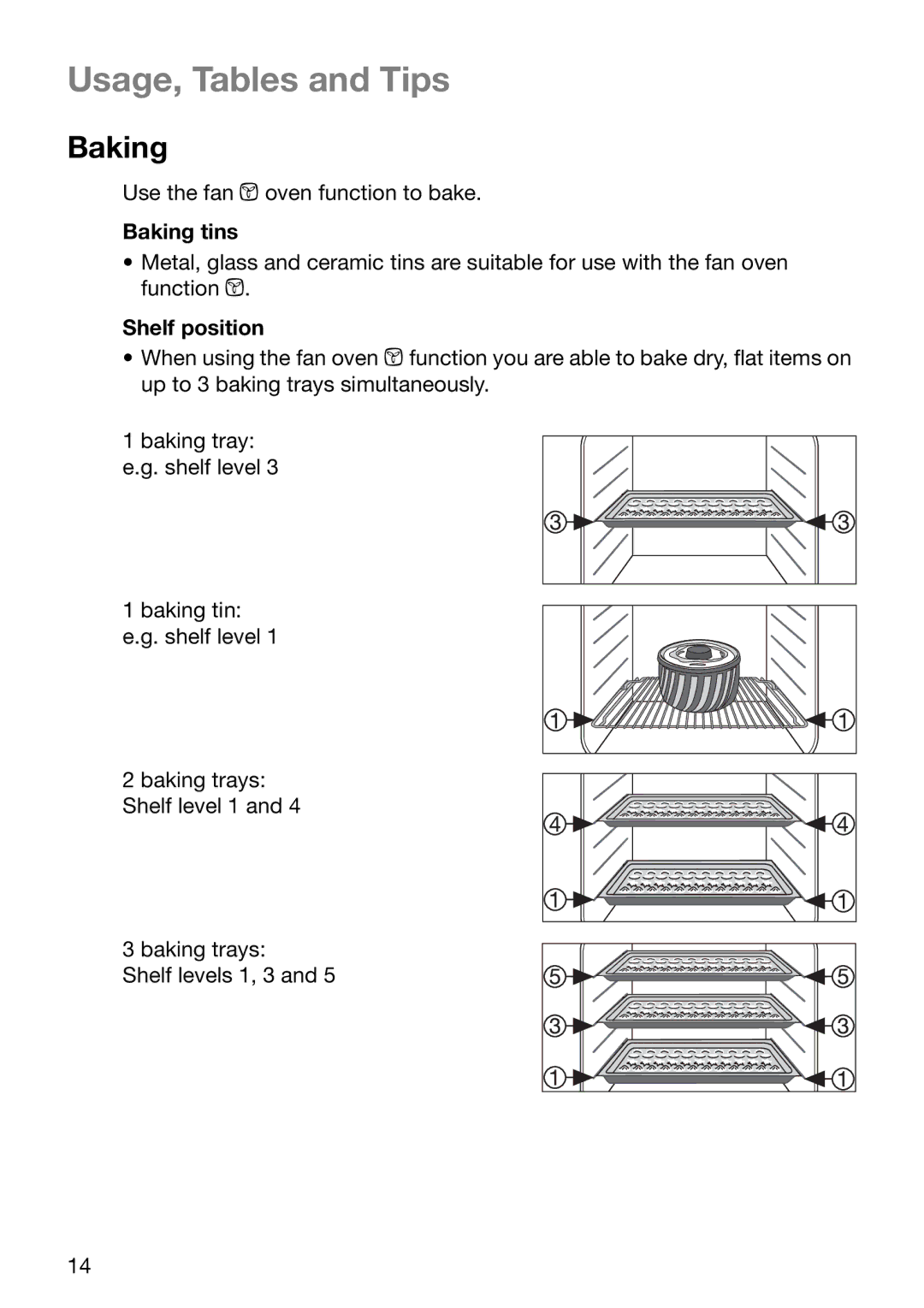 Electrolux EOB5600 manual Usage, Tables and Tips, Baking tins, Shelf position 