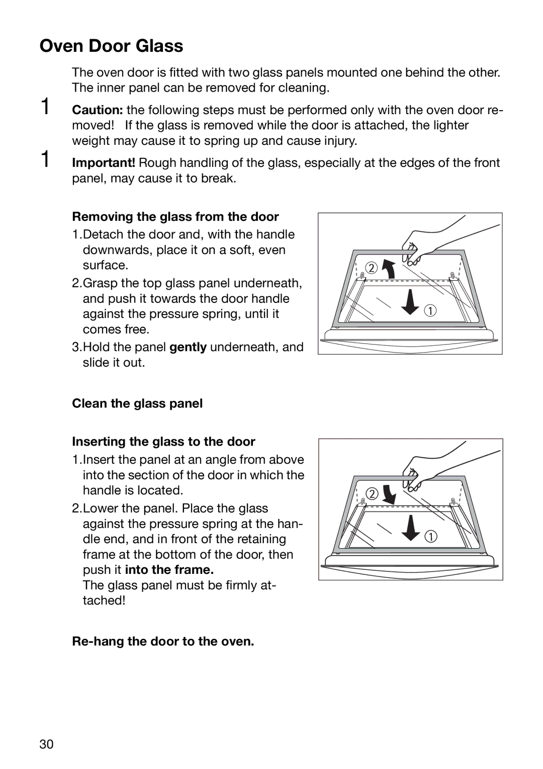 Electrolux EOB5600 manual Oven Door Glass, Removing the glass from the door, Re-hang the door to the oven 