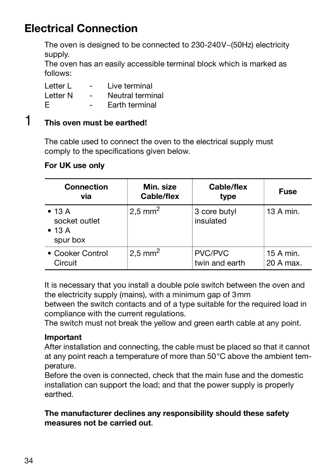 Electrolux EOB5600 manual Electrical Connection, This oven must be earthed, Type 