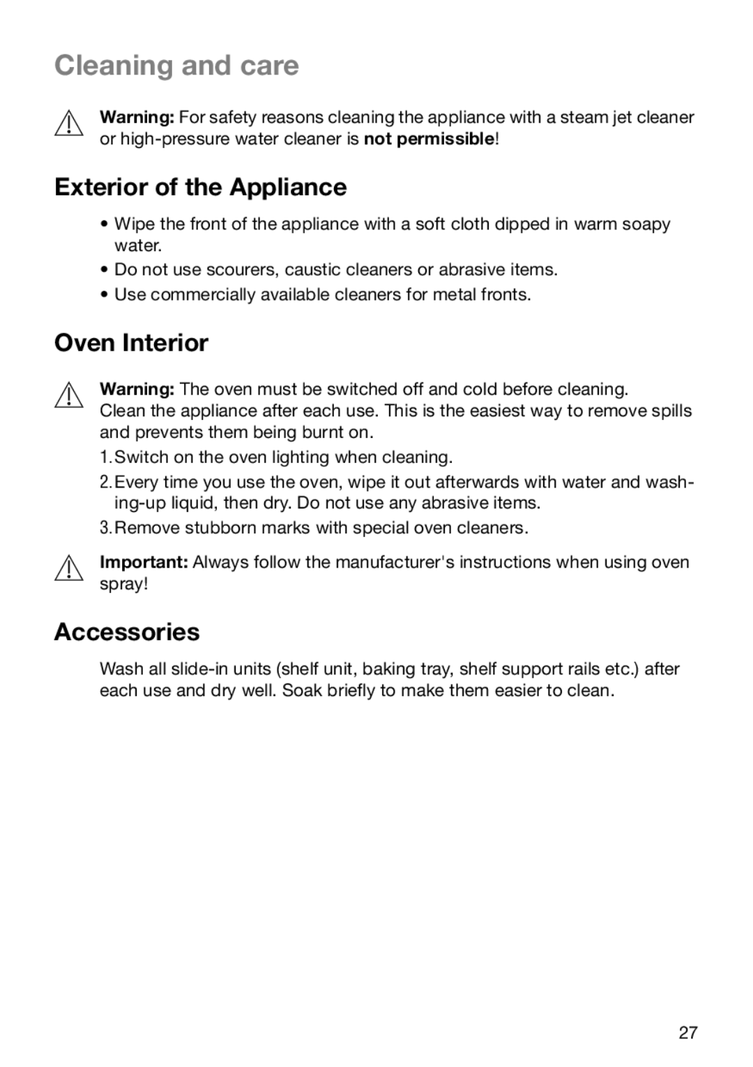 Electrolux EOB5610 manual Cleaning and care, Exterior of the Appliance, Oven Interior, Accessories 