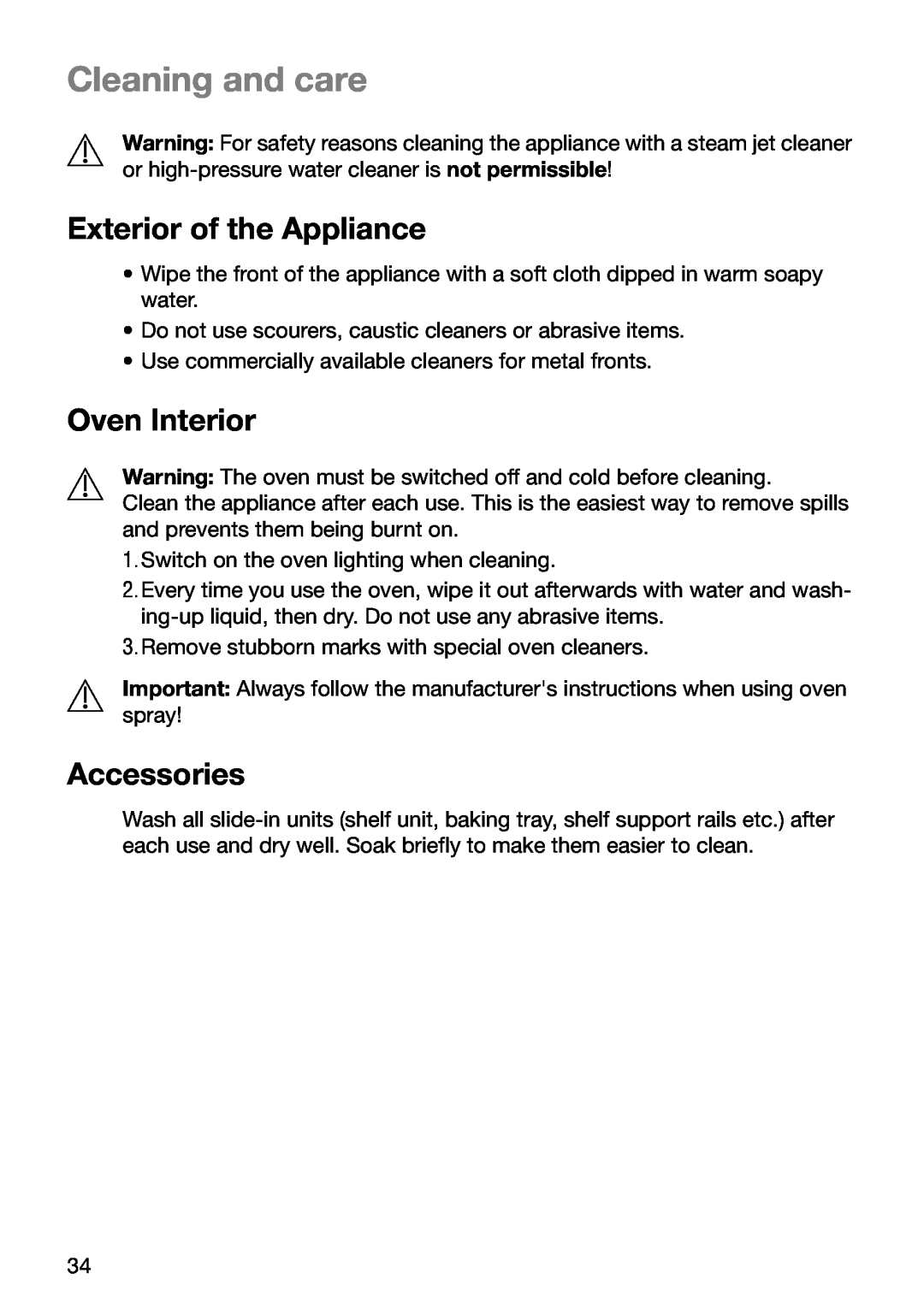 Electrolux EOB5630 manual Cleaning and care, Exterior of the Appliance, Oven Interior, Accessories 