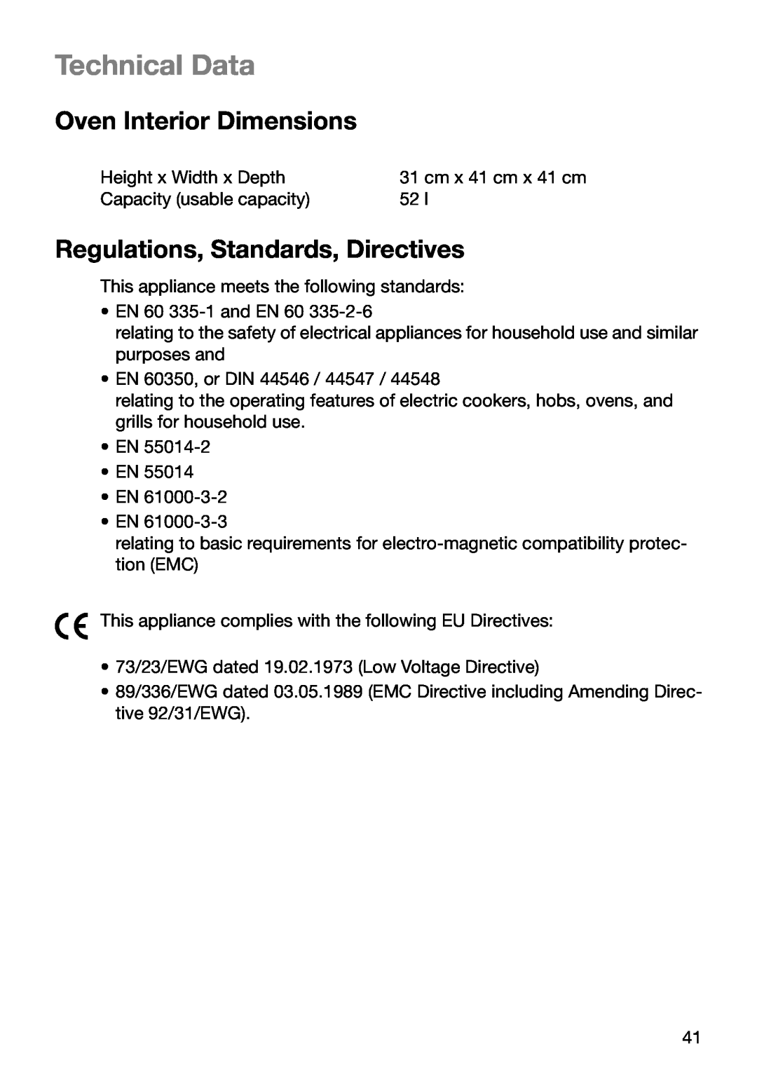 Electrolux EOB5630 manual Technical Data, Oven Interior Dimensions, Regulations, Standards, Directives 