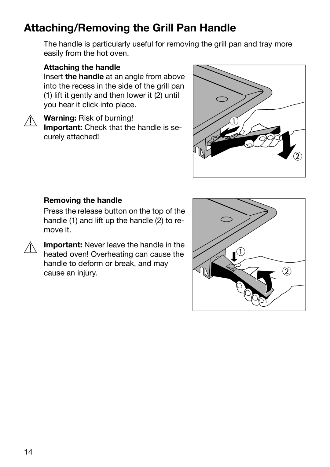 Electrolux EOB5665 manual Attaching/Removing the Grill Pan Handle, Attaching the handle, Removing the handle 