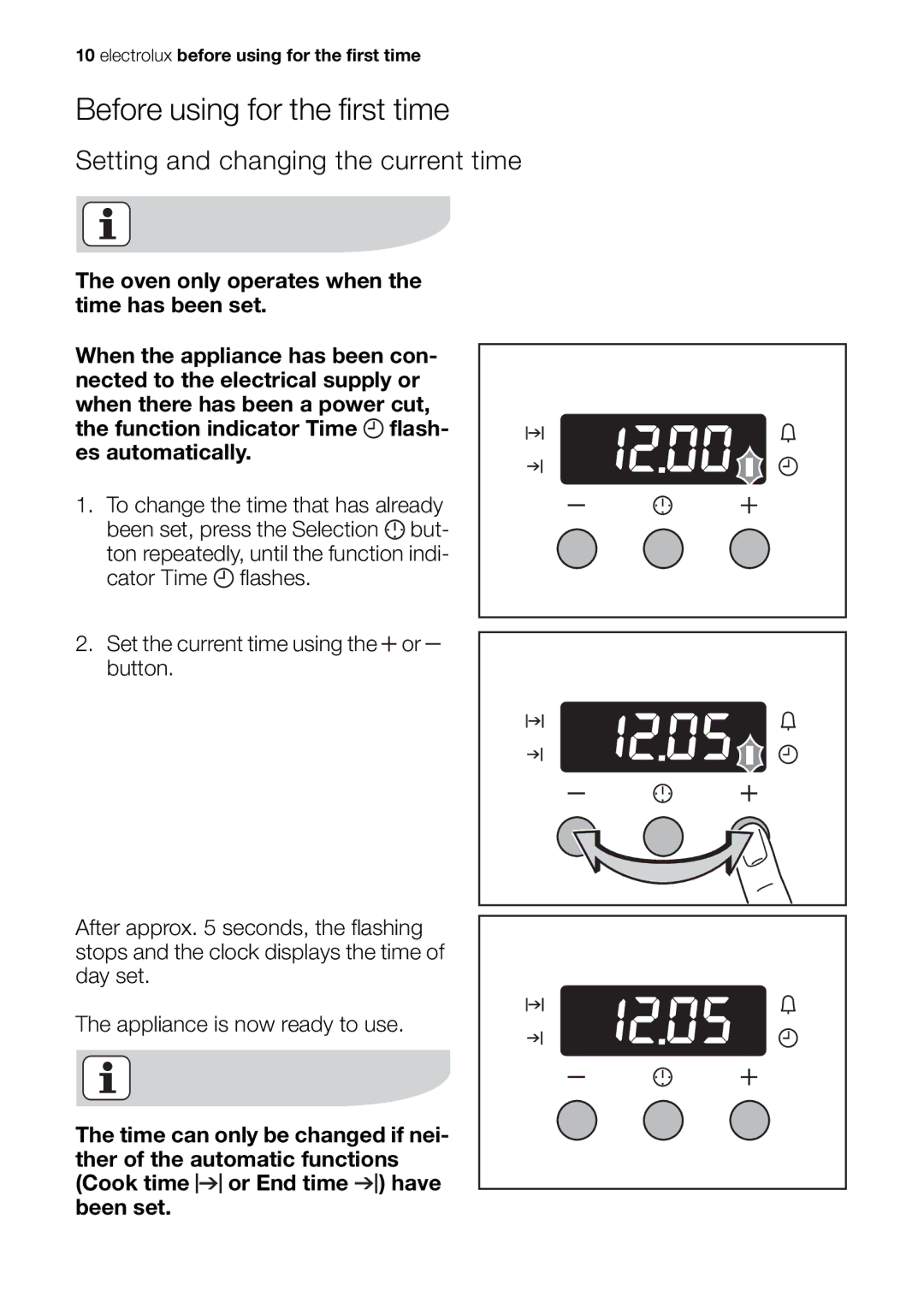 Electrolux EOB63000 user manual Before using for the first time, Setting and changing the current time 