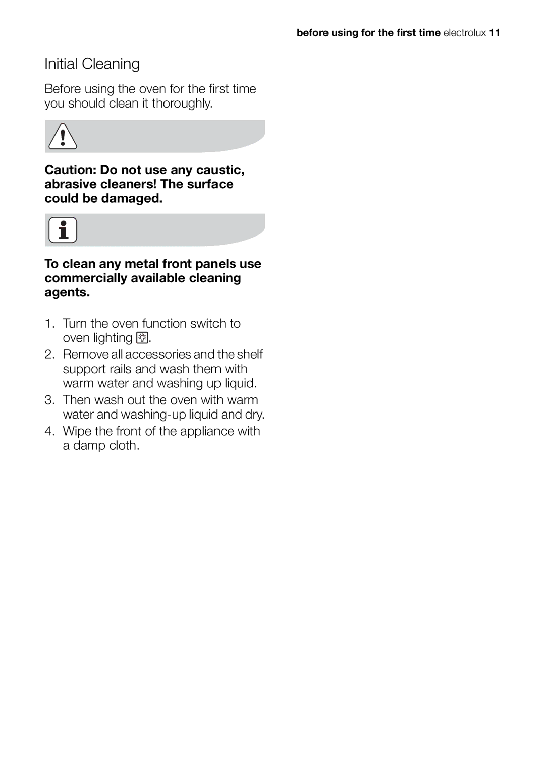 Electrolux EOB63000 user manual Initial Cleaning 