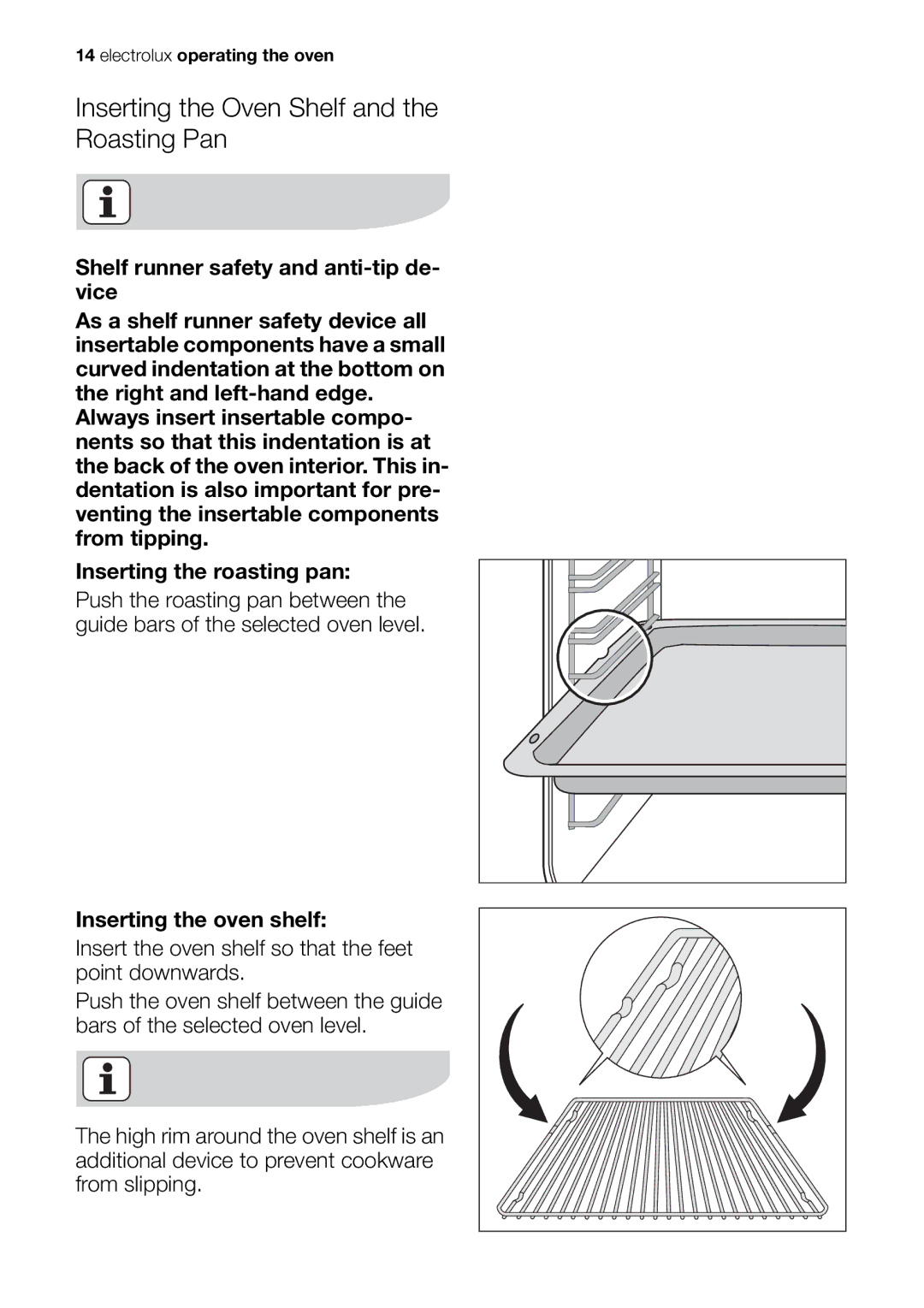 Electrolux EOB63000 user manual Inserting the Oven Shelf and the Roasting Pan 