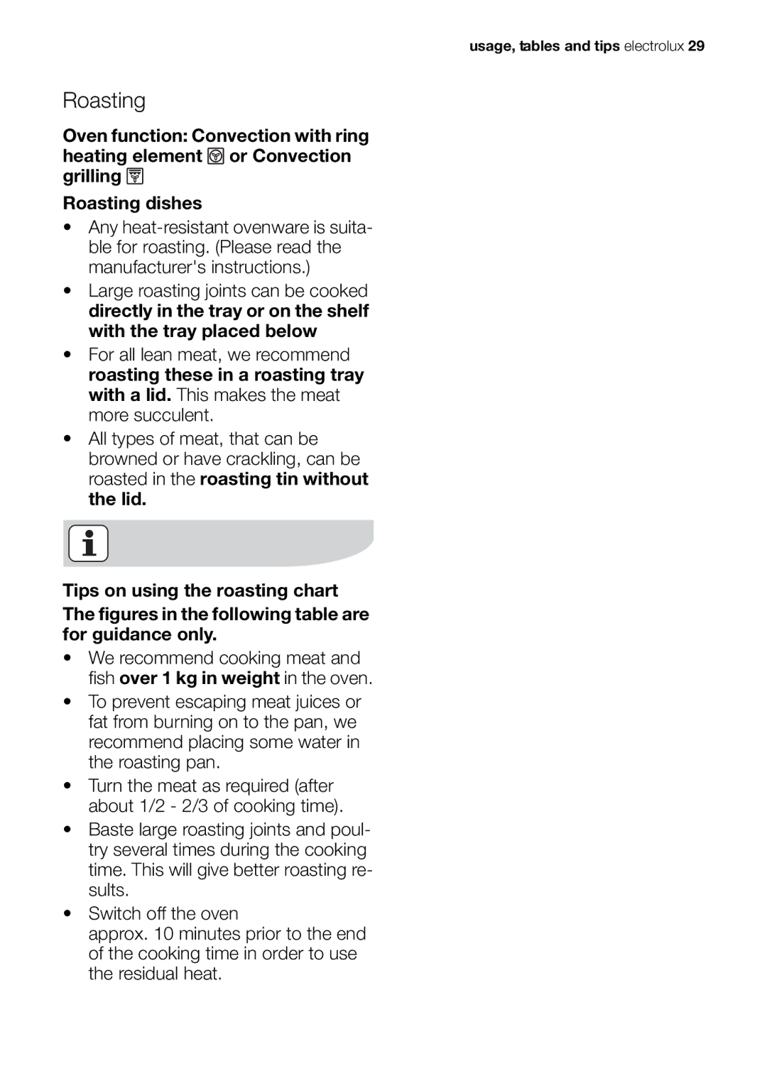 Electrolux EOB63000 user manual Roasting 