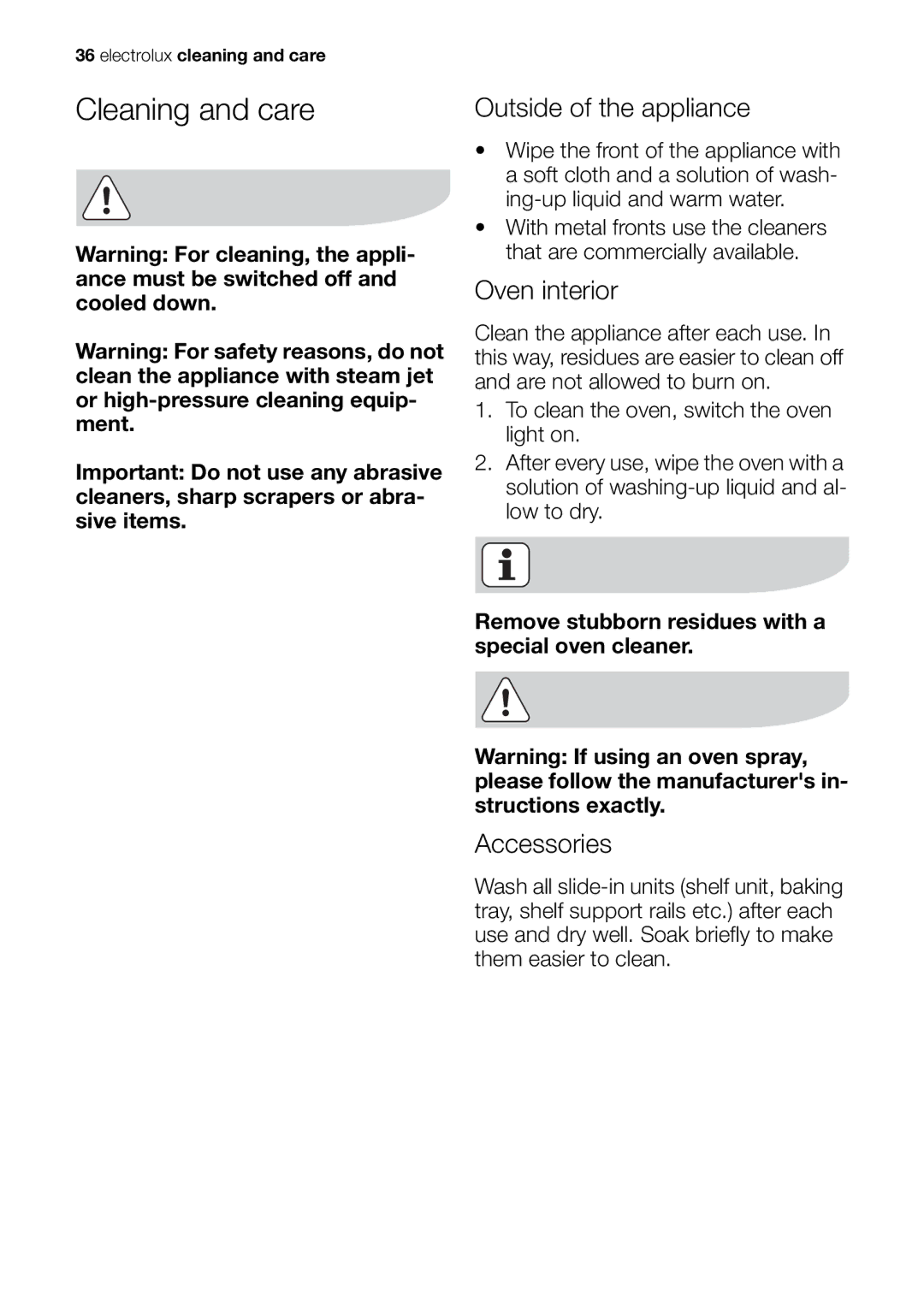 Electrolux EOB63000 user manual Cleaning and care, Outside of the appliance, Oven interior, Accessories 