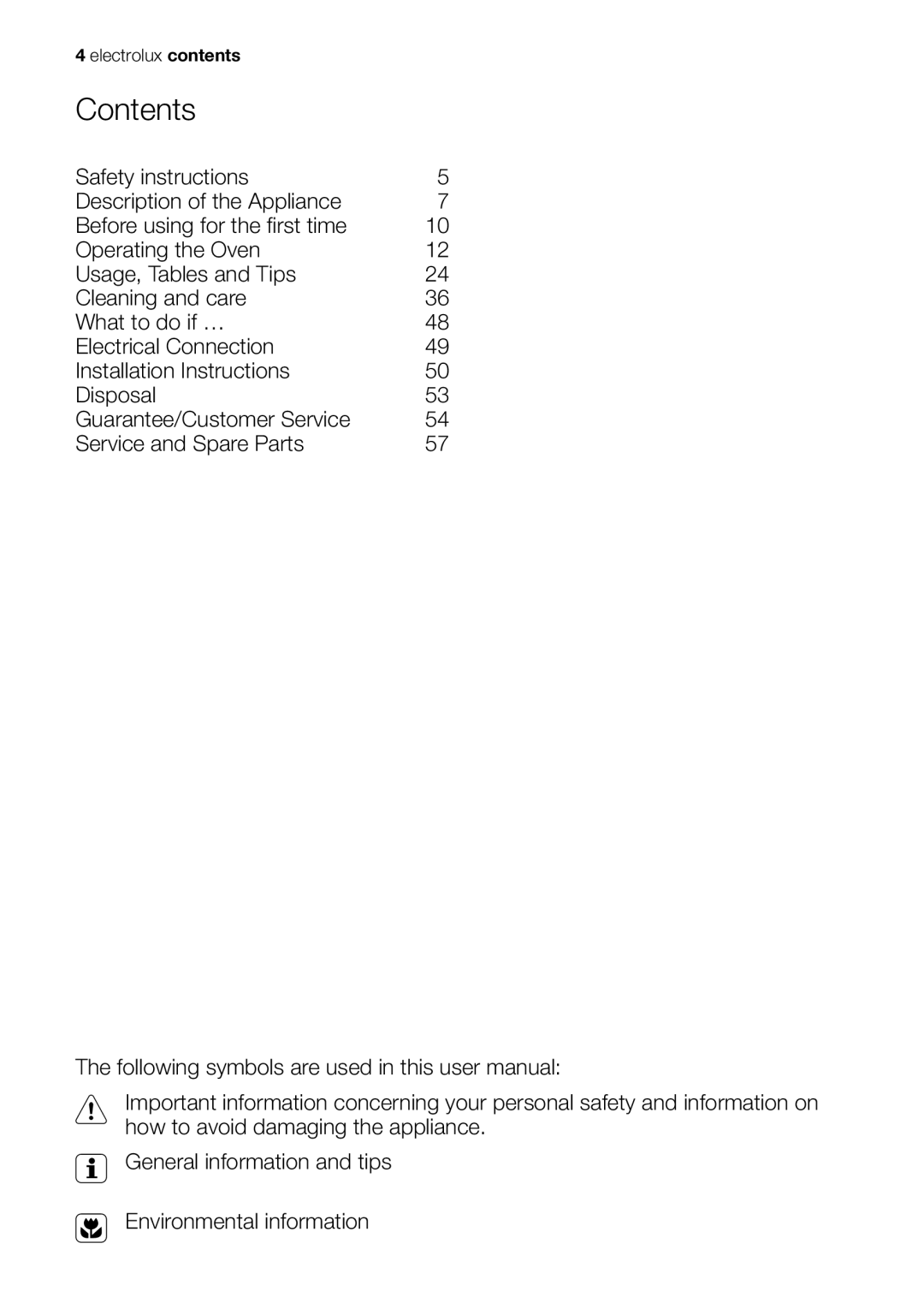 Electrolux EOB63000 user manual Contents 