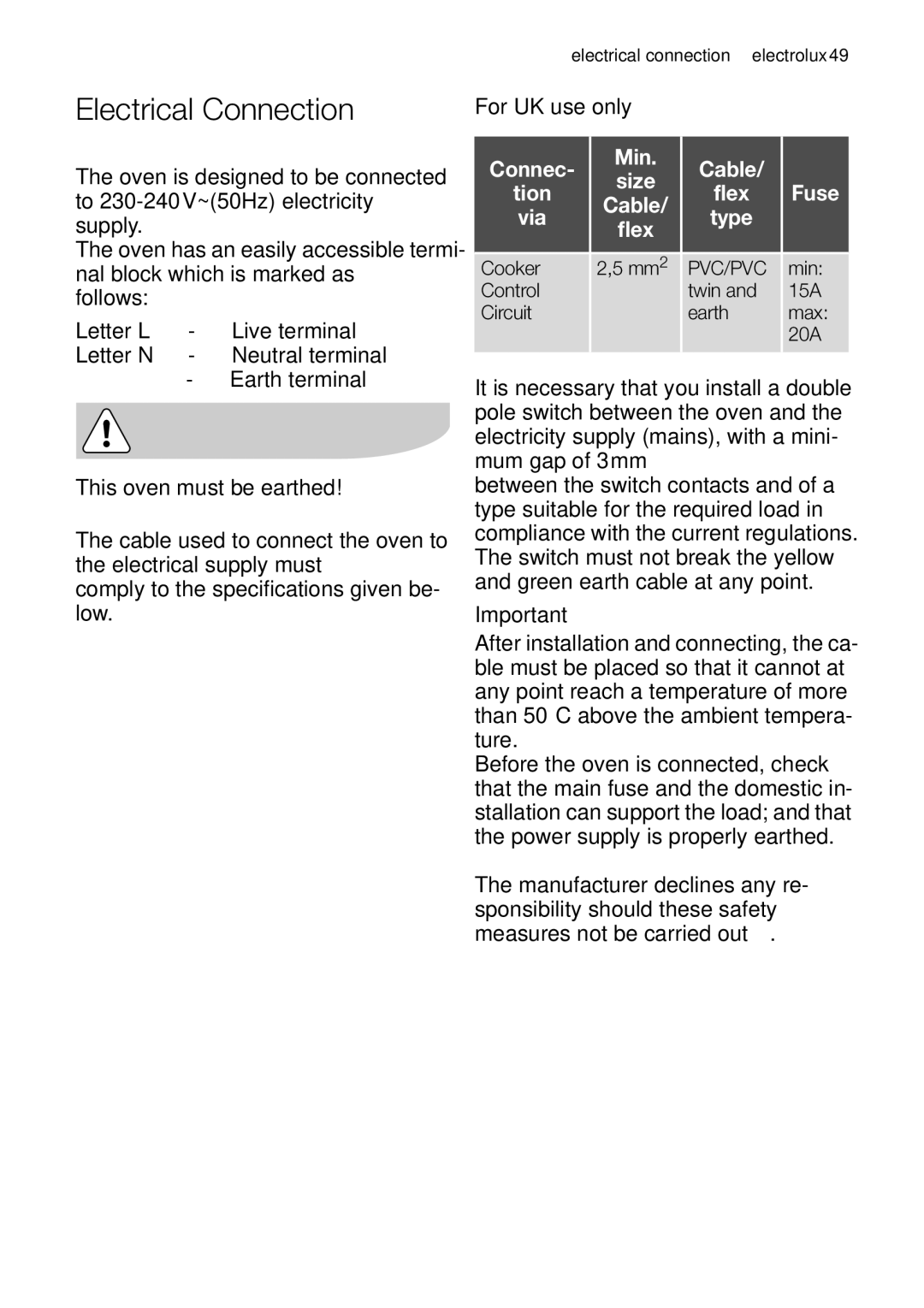 Electrolux EOB63000 user manual Electrical Connection, Connec Min Cable Size Tion Flex Fuse Via Type 