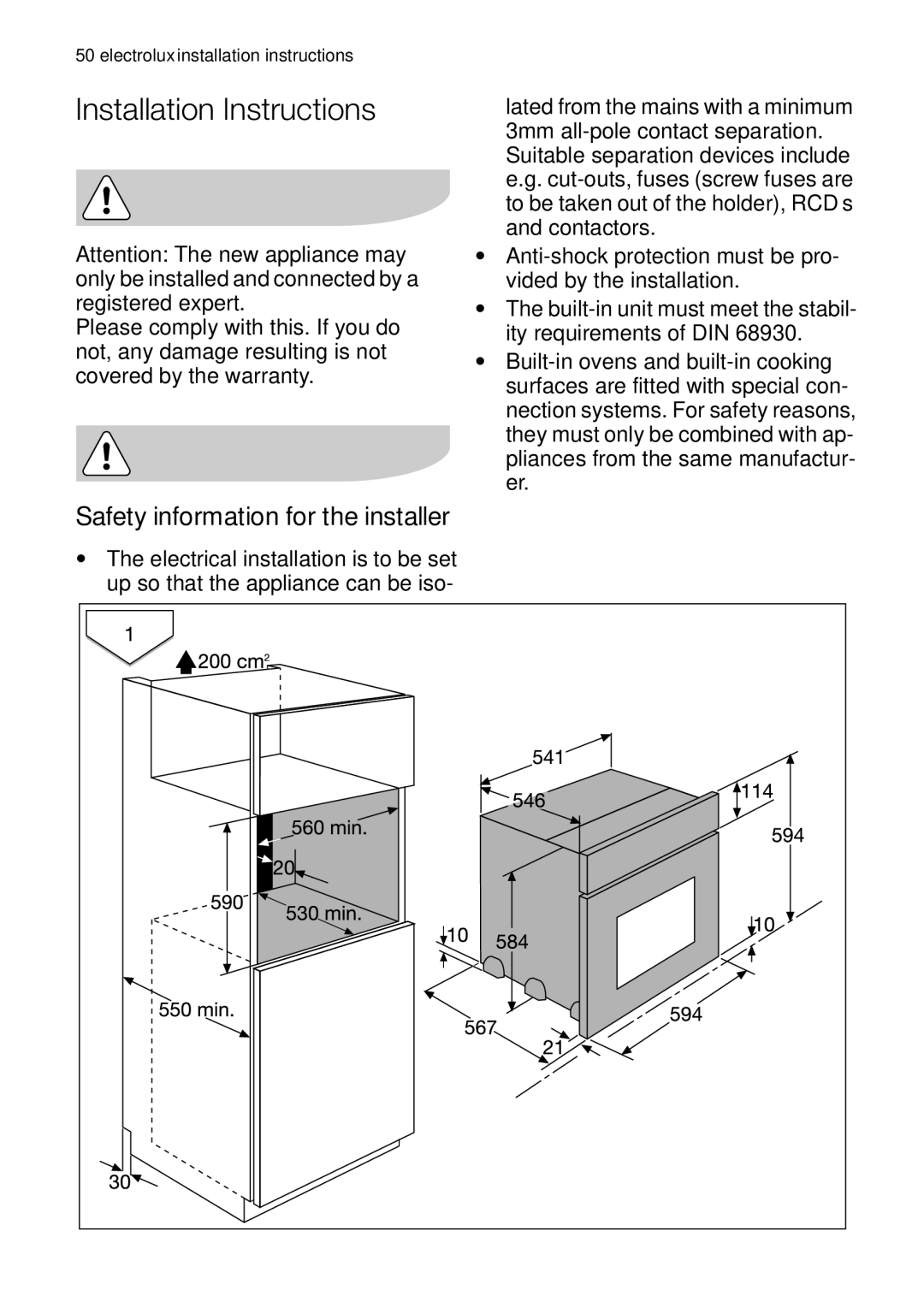 Electrolux EOB63000 user manual Installation Instructions, Safety information for the installer 