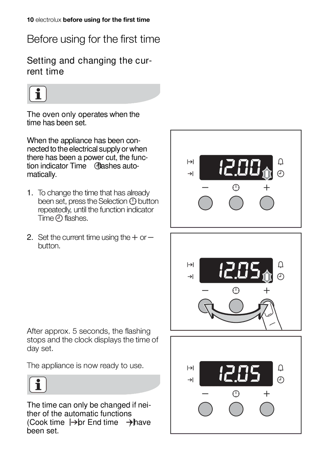 Electrolux EOB63100 user manual Before using for the first time, Setting and changing the cur- rent time 