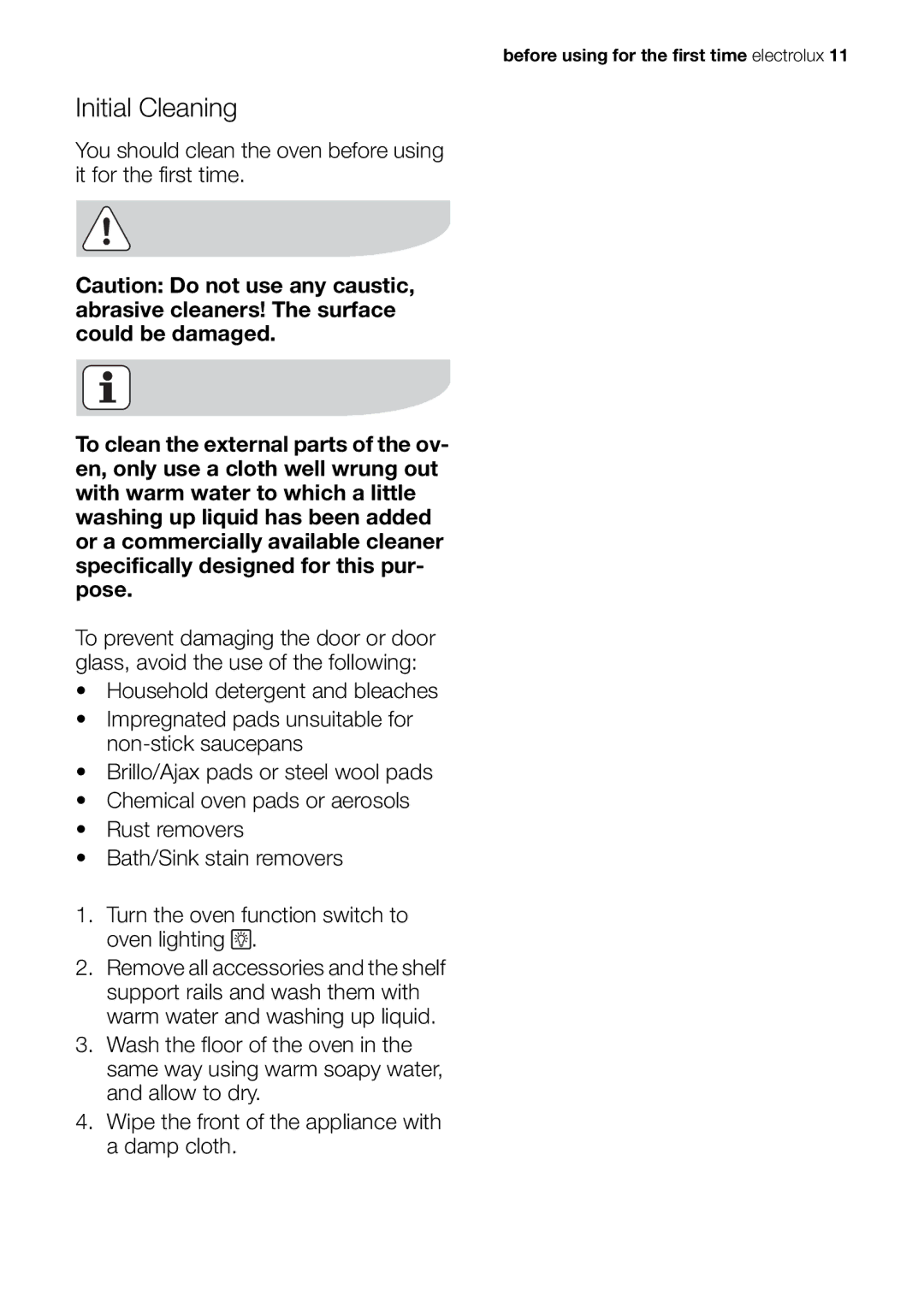 Electrolux EOB63100 user manual Initial Cleaning 