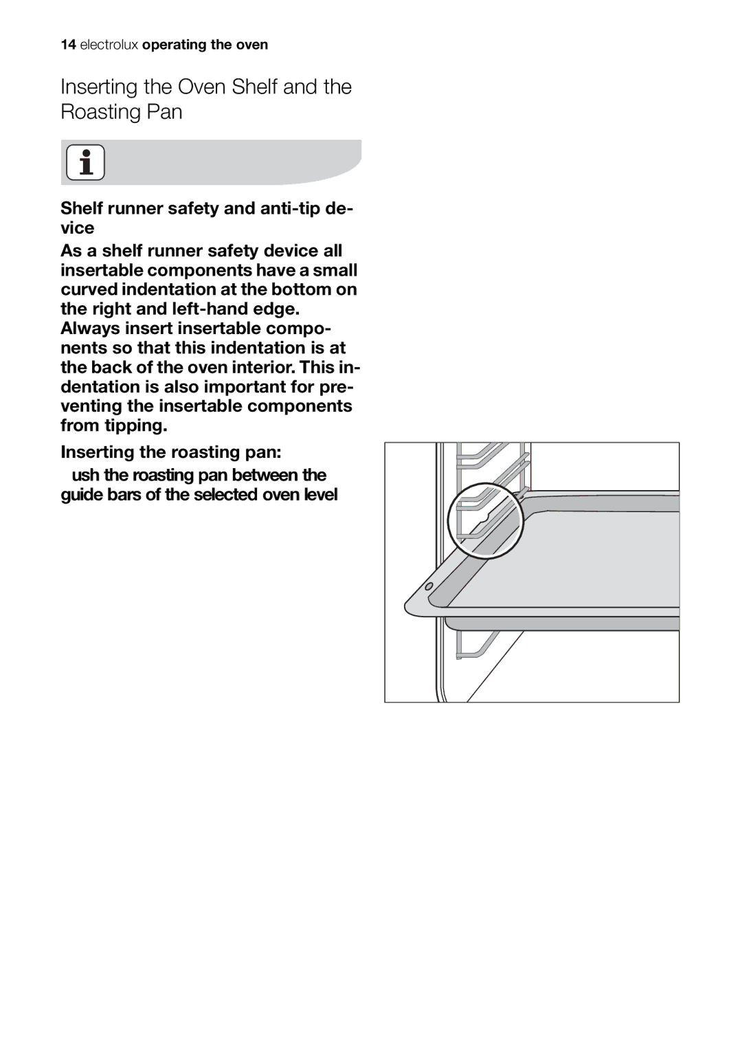 Electrolux EOB63100 user manual Inserting the Oven Shelf and the Roasting Pan 