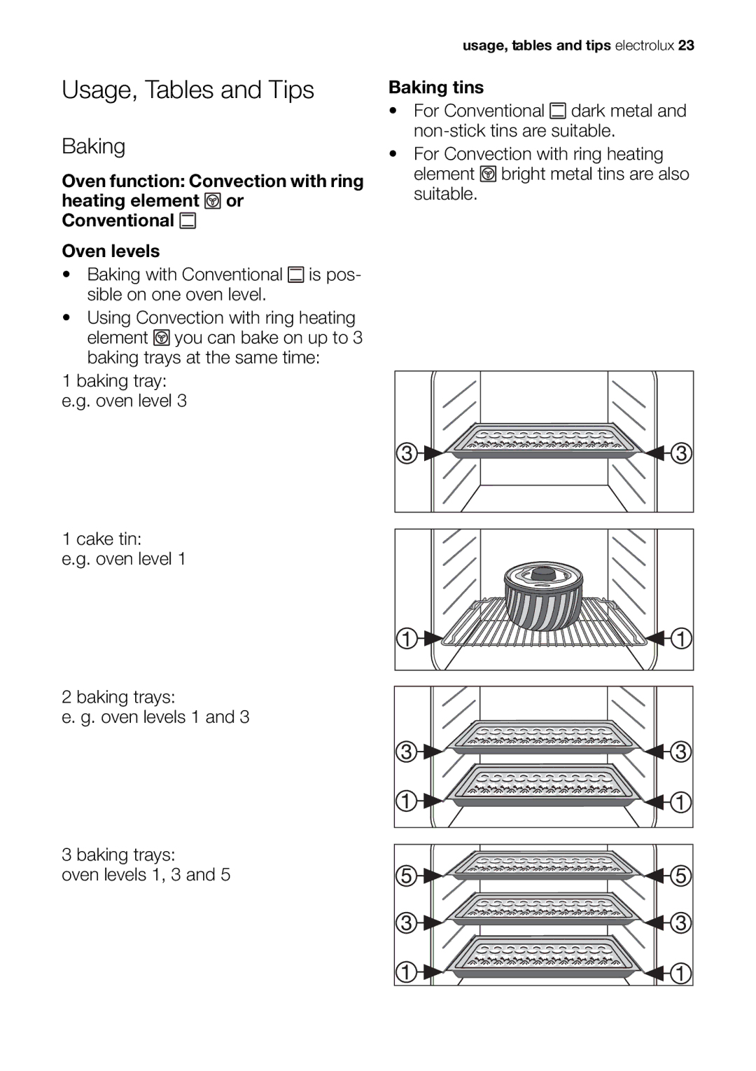 Electrolux EOB63100 user manual Usage, Tables and Tips, Baking 