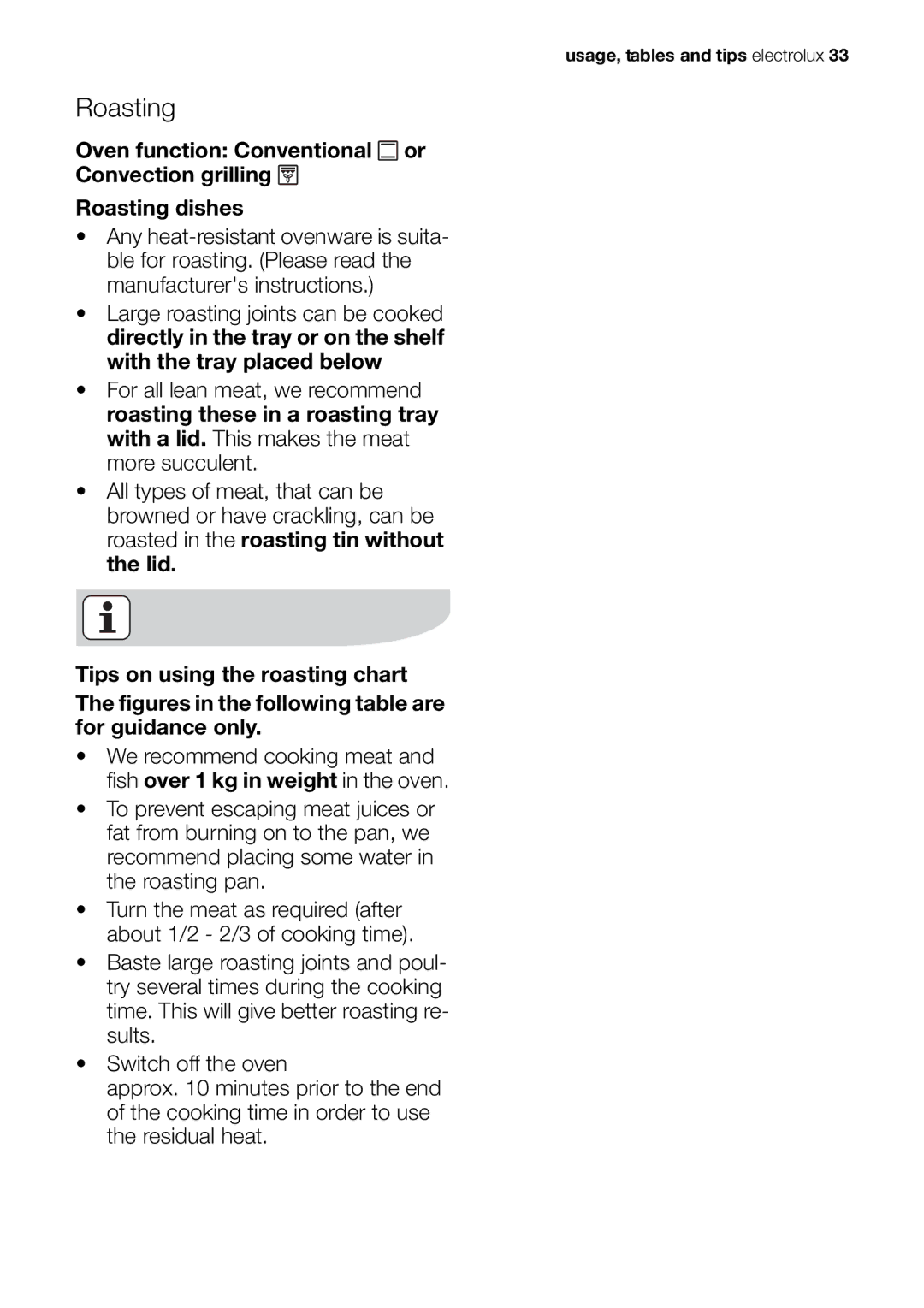 Electrolux EOB63100 user manual Roasting 