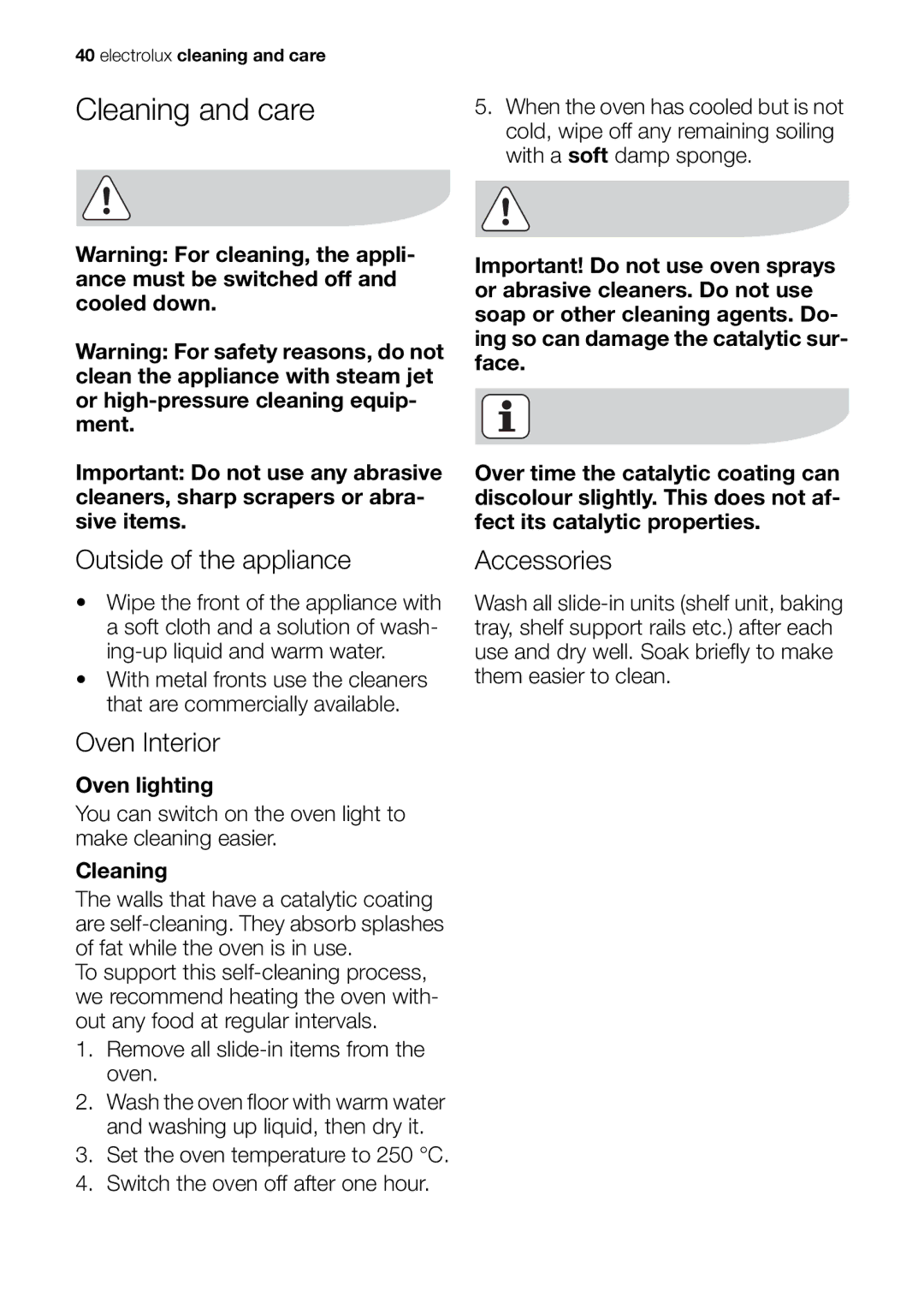 Electrolux EOB63100 user manual Cleaning and care, Outside of the appliance, Oven Interior, Accessories 