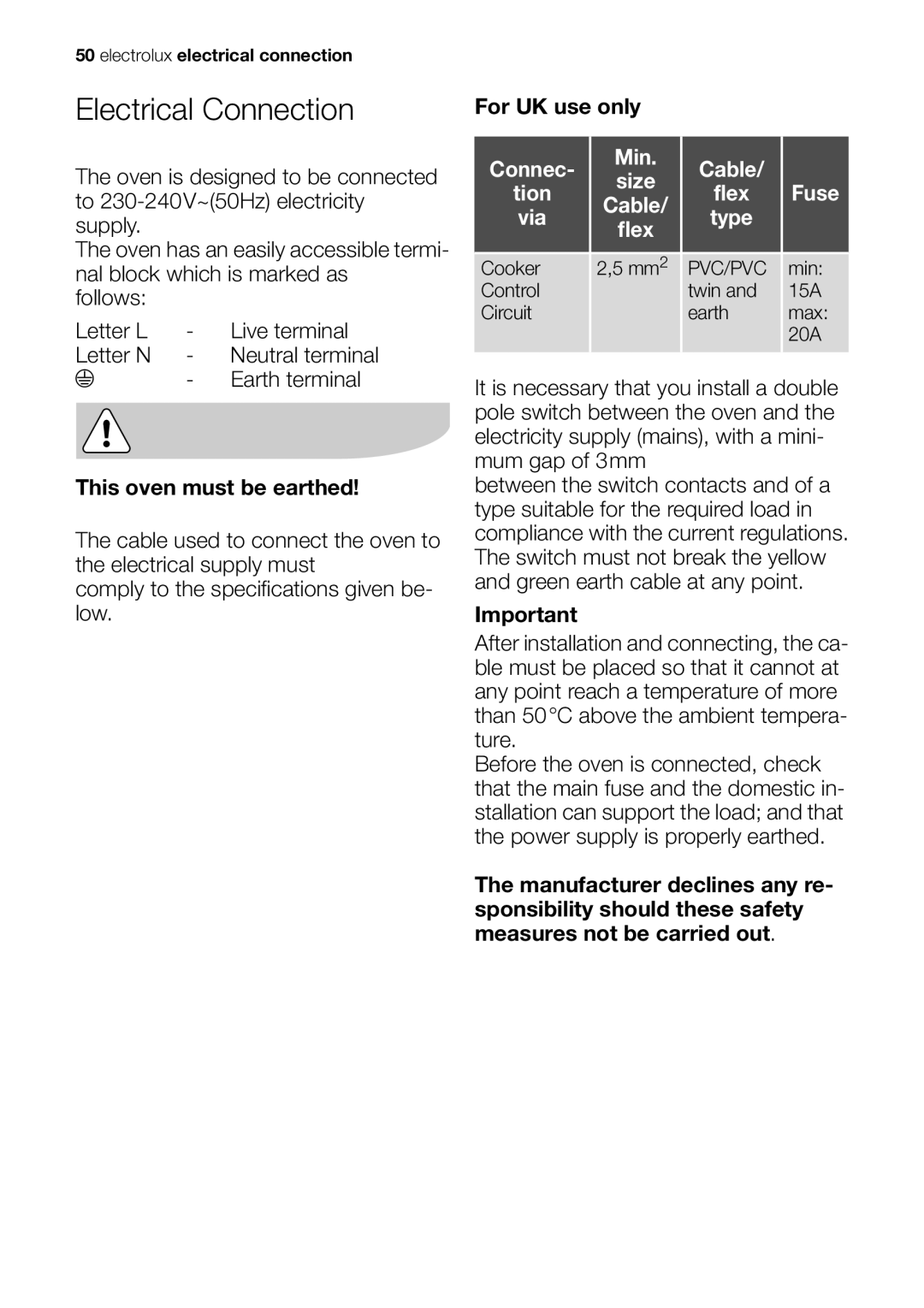 Electrolux EOB63100 user manual Electrical Connection, Connec Min Cable Size Tion Flex Fuse Via Type 