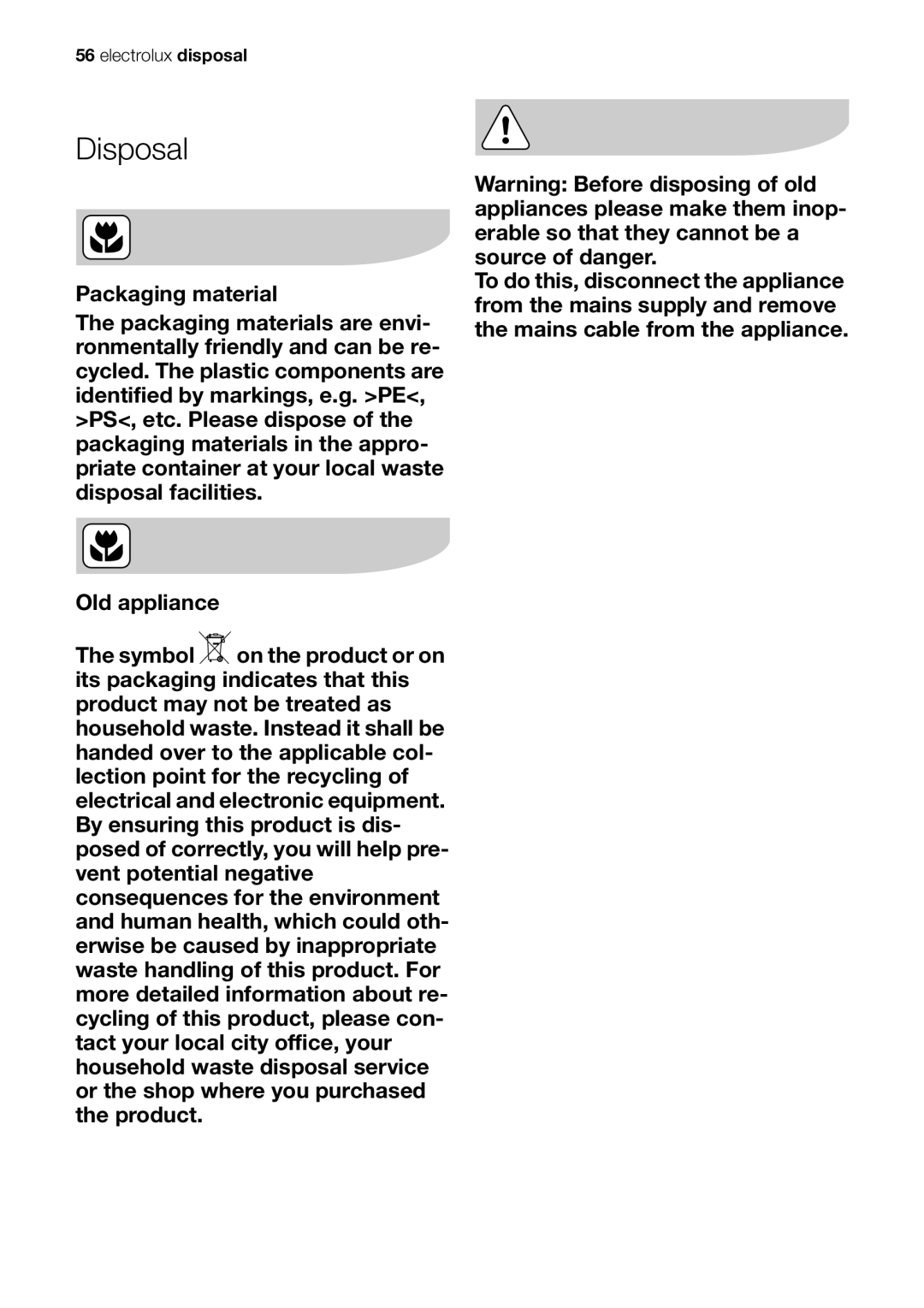 Electrolux EOB63100 user manual Disposal 