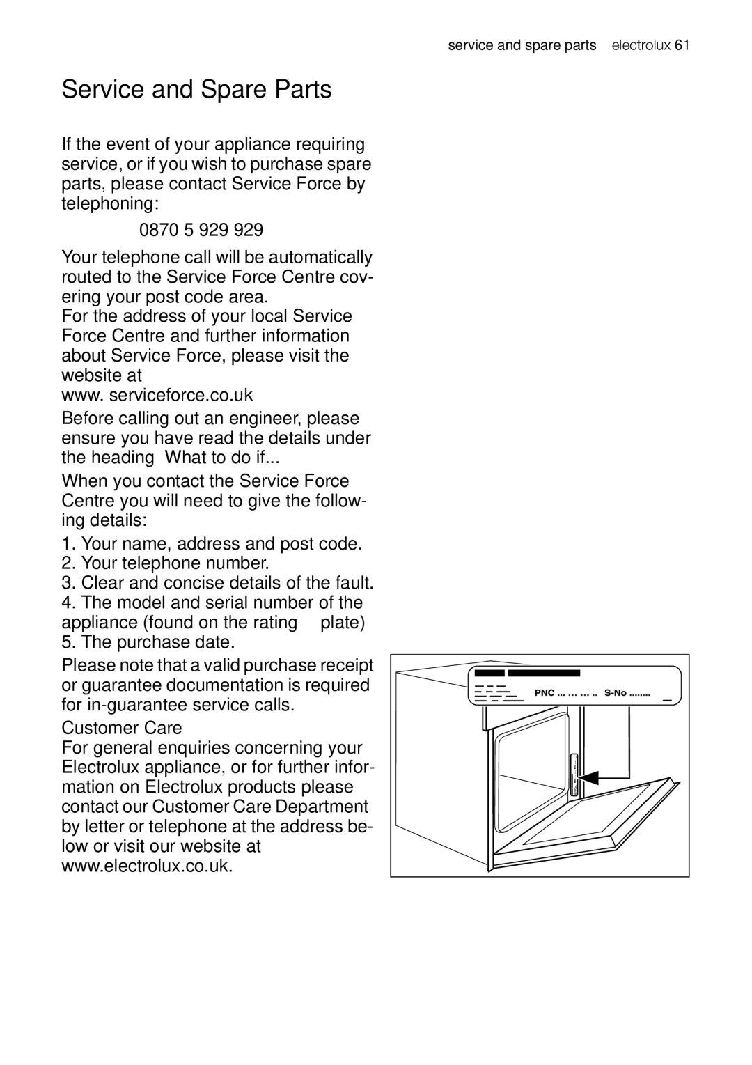 Electrolux EOB63100 user manual Service and Spare Parts 