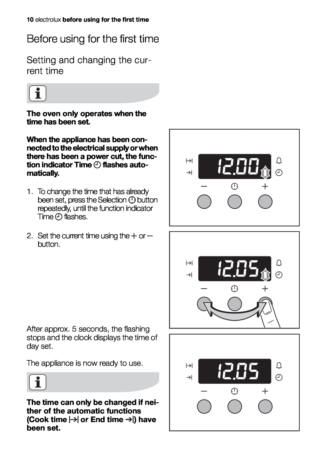 Electrolux EOB63100 user manual Before using for the first time, Setting and changing the cur- rent time 