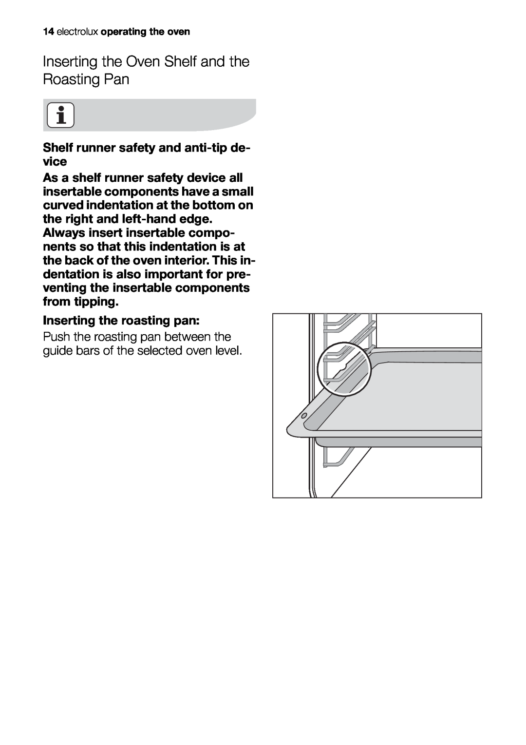 Electrolux EOB63100 user manual Inserting the Oven Shelf and the Roasting Pan 
